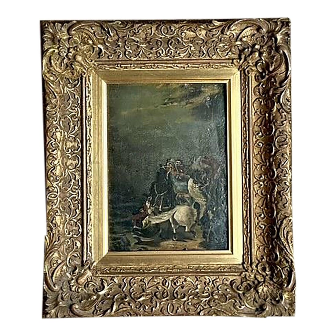 Vintage Original Figurative Oil Painting on Canvas in Gilt Frame: Vintage Original Figurative Oil Painting on Canvas in Gilt Frame Experience the allure of history with this Vintage Original Figurative Oil Painting on Canvas. This captivating artwork showcases a dra
