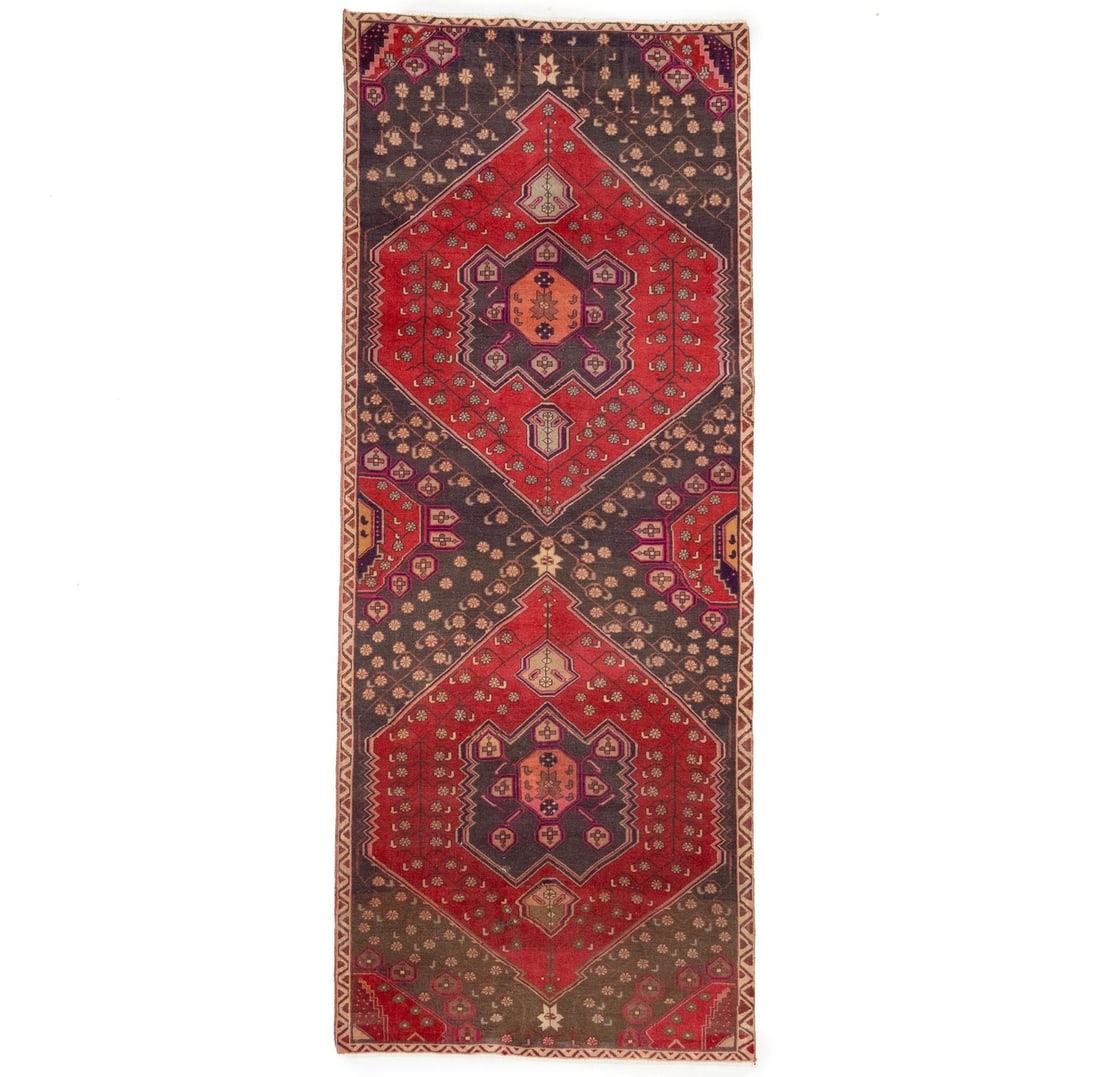 Hand Knotted Wool Tribal Floral Runner 3'10 x 9'8: Hand Knotted Wool Tribal Floral Runner 3'10 x 9'8 Enhance your space with this stunning semi-antique oriental runner rug, perfect for adding a touch of vintage charm to your kitchen, hallway, or bedro