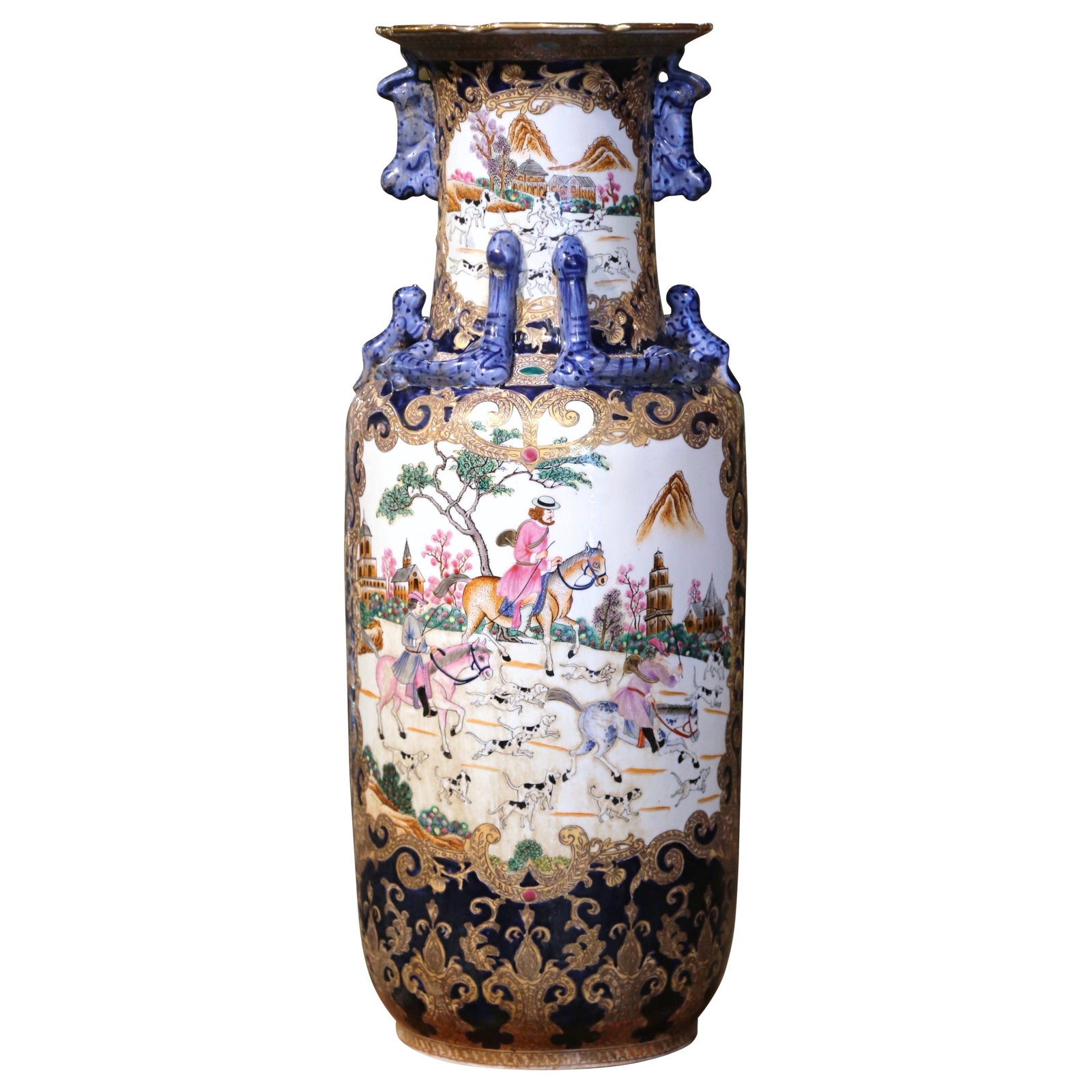 Chinese Porcelain Vase with Hand Painted Foo Dog and Equestrian Scenes Circa 1960: Chinese Porcelain Vase with Hand Painted Foo Dog and Equestrian Scenes Circa 1960 This mid-20th century Chinese hand-painted glazed ceramic vase features vibrant lizard and fu dog motifs around the ne