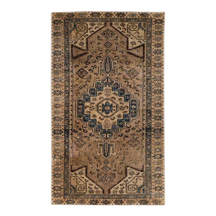1960s Vintage Persian Hand-Knotted Wool Rug Tan Medallion Design 3'11 x 6'7: 1960s Vintage Persian Hand-Knotted Wool Rug Tan Medallion Design 3'11 x 6'7 This exquisite vintage Persian rug features a distressed hand-knotted design crafted from high-quality wool. The warm tan fi