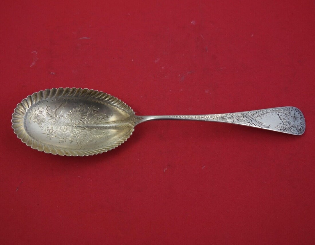 Frank M Whiting Antique Sterling Silver Berry Spoon 9 3/4 Brite-Cut: Frank M Whiting Antique Sterling Silver Berry Spoon 9 3/4 Brite-Cut This exquisite antique berry spoon by Frank M. Whiting showcases a beautiful brite-cut design and is crafted from high-quality sterl