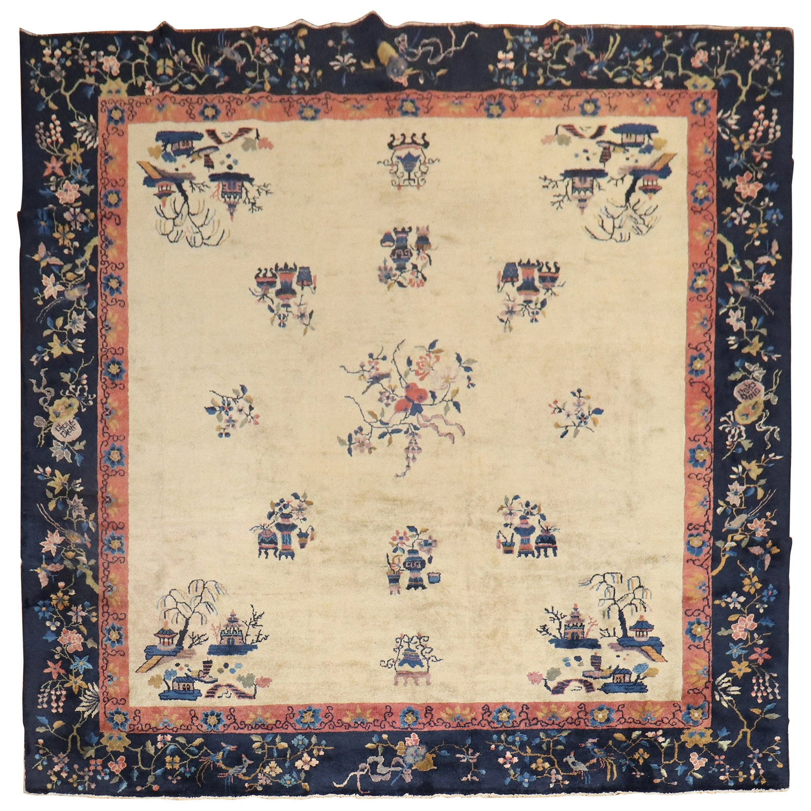 Rare 1930s Antique Chinese Export Wool Hand-Knotted Square Rug: Rare 1930s Antique Chinese Export Wool Hand-Knotted Square Rug This exquisite antique Chinese square rug showcases a rare Peking design, crafted during the 1930s. It features a hand-knotted constructi