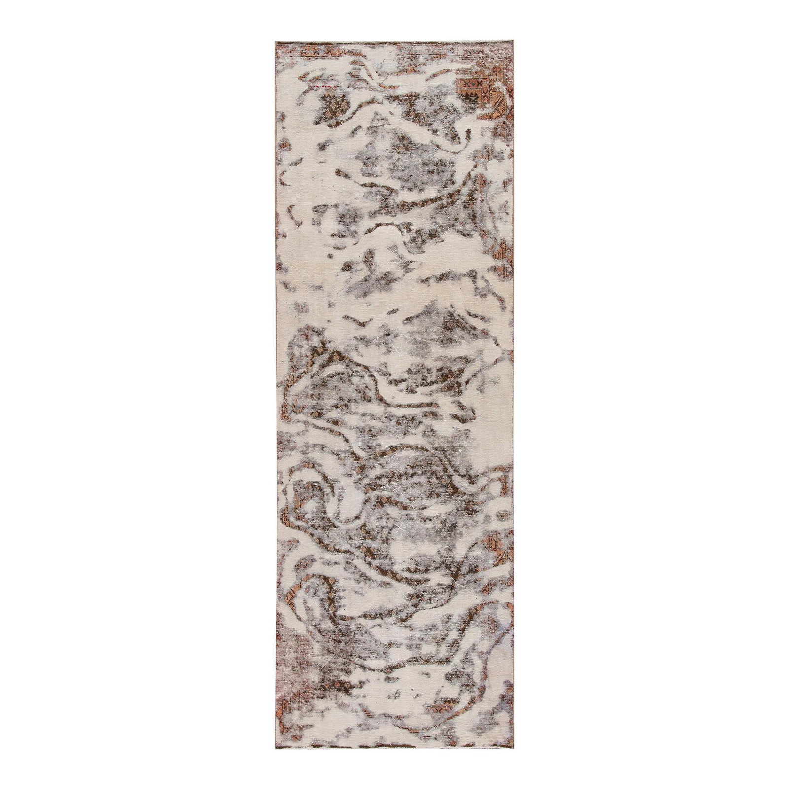 Vintage Persian Tabriz Hand-Knotted Gray Wool Runner 3'4" x 10'1": Vintage Persian Tabriz Hand-Knotted Gray Wool Runner 3'4" x 10'1" This exquisite Vintage Distressed Handmade Gray Wool Runner features a stunning Persian Tabriz design, characterized by a centrally pl