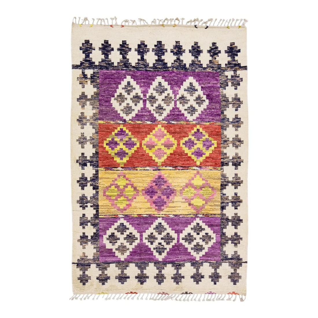 Handmade Moroccan Wool Rug 7' x 10'6' Geometric Design Beige: Handmade Moroccan Wool Rug 7' x 10'6' Geometric Design Beige Enhance your living space with this stunning Handmade Moroccan wool rug featuring a vibrant all-over geometric design in purple, red, yello