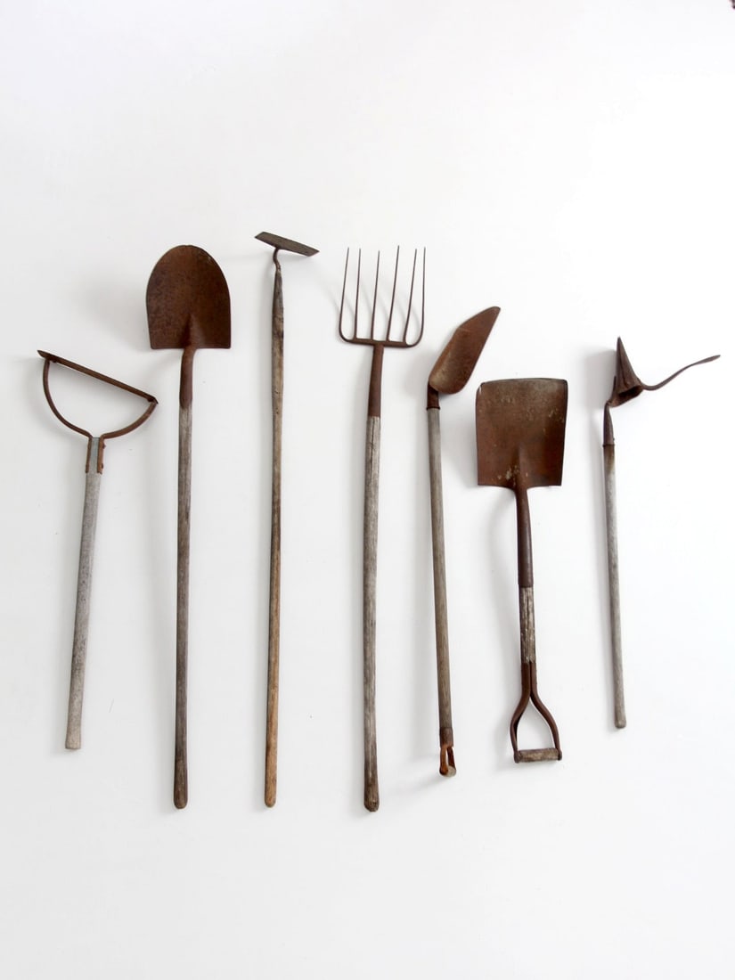 7-piece antique iron garden tool wall display (1 of 18)