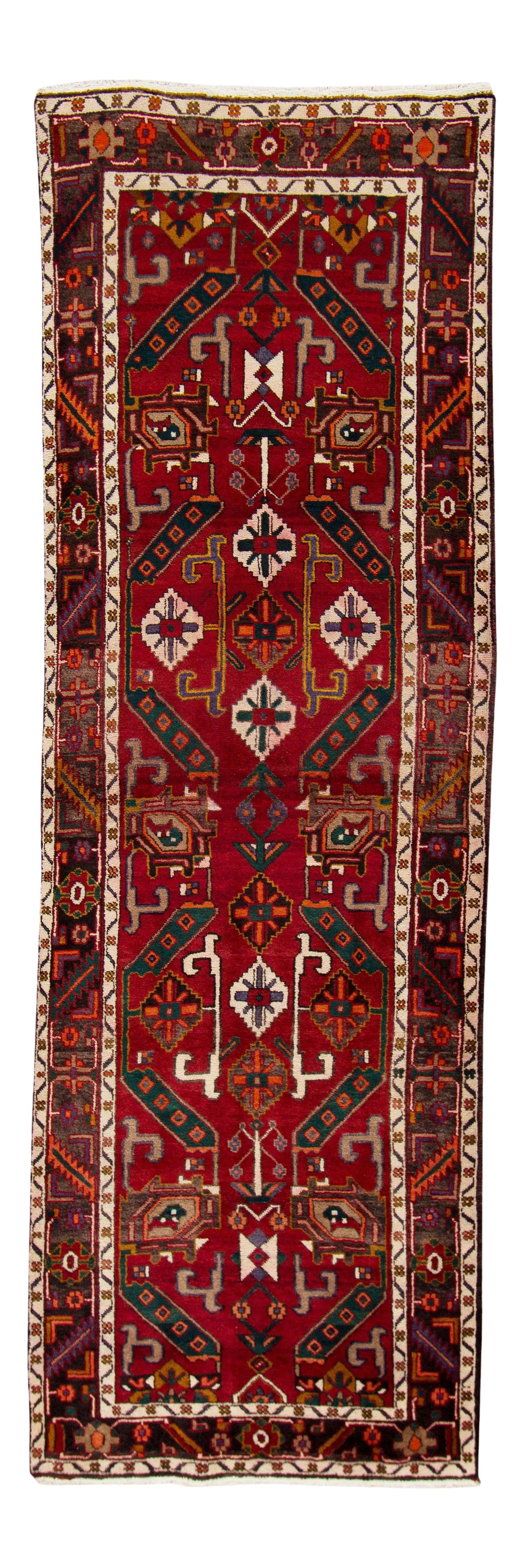 Handmade Vintage Malayer Persian Wool Runner Red 3'10 x 11'07: Handmade Vintage Malayer Persian Wool Runner Red 3'10 x 11'07 This stunning Vintage Malayer Persian Handmade Wool Runner showcases a vibrant red field adorned with multi-color accents, featuring a cap