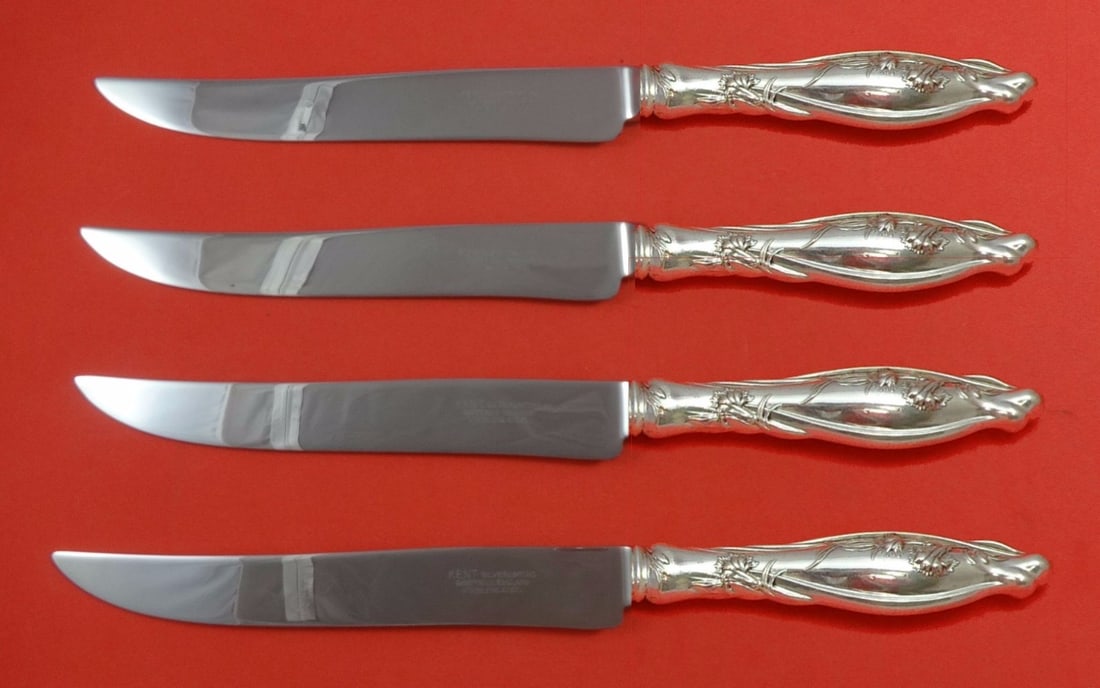 Mille Fleurs International Sterling Silver Steak Knife Set 4-Piece Texas Sized: Mille Fleurs International Sterling Silver Steak Knife Set 4-Piece Texas Sized Introducing the Mille Fleurs by International Sterling Silver Steak Knife Set, a stunning addition to your flatware colle