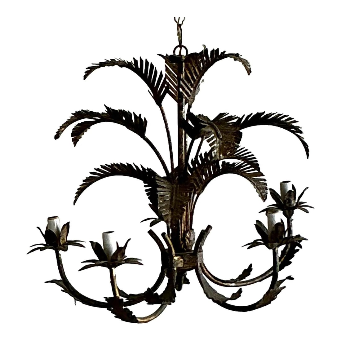 Vintage Gold Tole Palm Chandelier Italian Design 5 Arms: Vintage Gold Tole Palm Chandelier Italian Design 5 Arms Elevate your space with this exquisite Vintage Regency Tole Punch Cut Palm Chandelier, a stunning embodiment of Italian craftsmanship. This stri