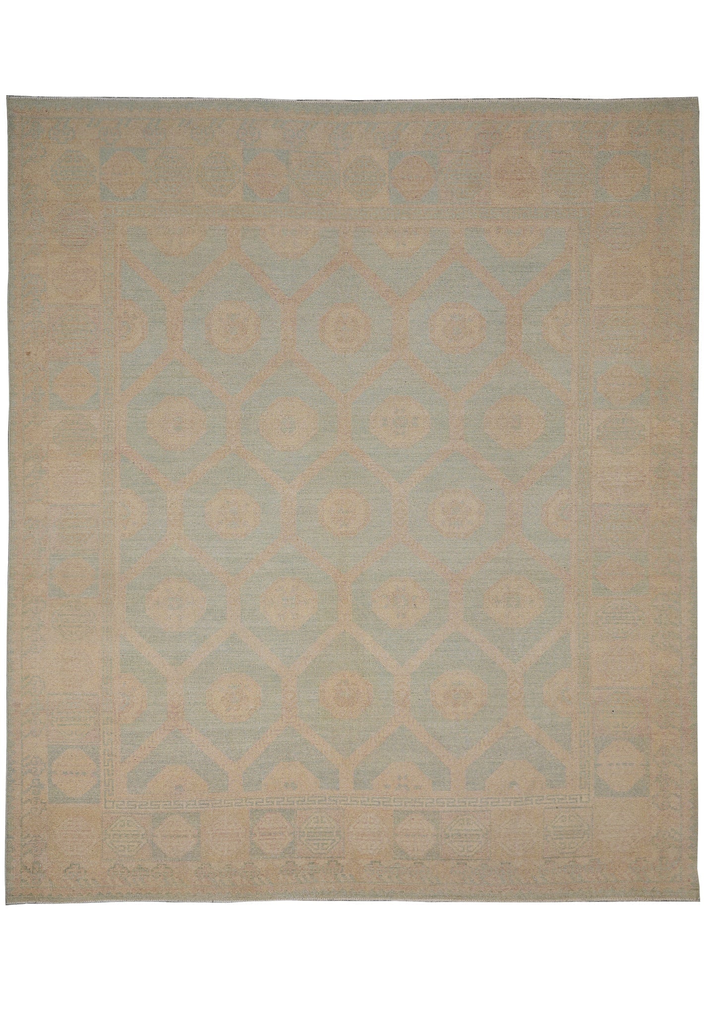 8.5 x 9.9 Handmade Chobi Peshawar Rug Light Green Wool: 8.5 x 9.9 Handmade Chobi Peshawar Rug Light Green Wool Free continental US Shipping This handmade Chobi Peshawar rug from Pakistan features a washed-out light green palette with subtle abrash and a so