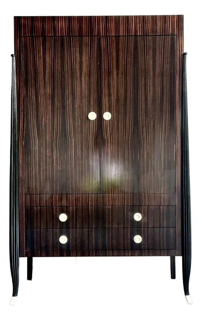 Custom V Rossi Zebrawood Armoire With Ebonized Columns and Mother of Pearl Knobs: Custom V Rossi Zebrawood Armoire With Ebonized Columns and Mother of Pearl Knobs This vintage custom V. Rossi armoire is crafted by V. Rossi Cabinet Makers of Philadelphia. Featuring a striking exotic