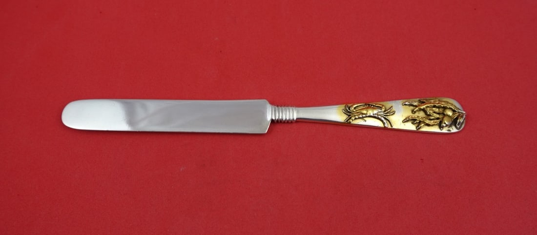 Sterling Silver Tea Knife with Gold Washed Crab and Seaweed by Shiebler 7.5 Inch: Sterling Silver Tea Knife with Gold Washed Crab and Seaweed by Shiebler 7.5 Inch This sterling silver tea knife features an applied gold-washed crab and seaweed motif. Crafted by Shiebler in the Unite