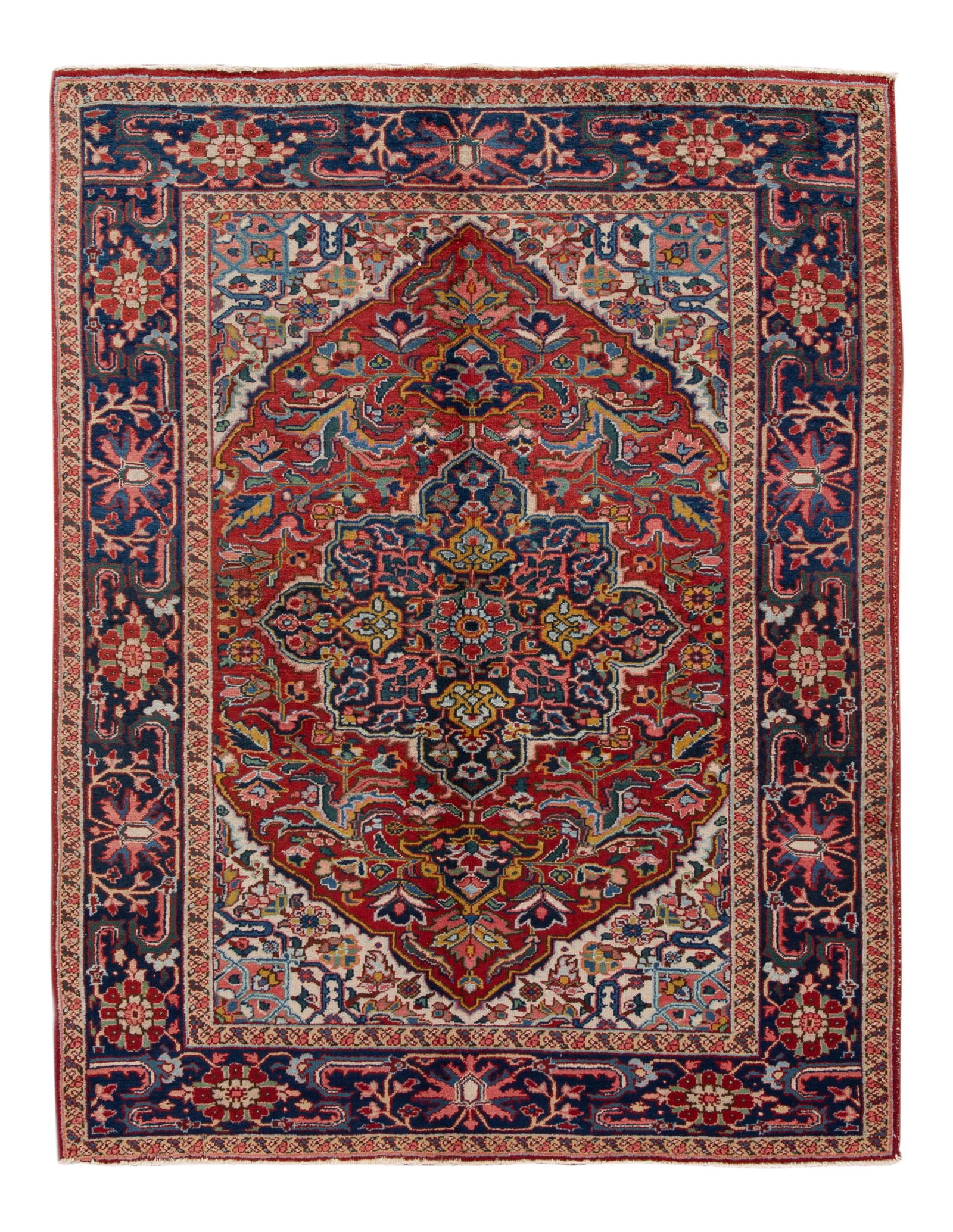 Vintage Heriz Wool Rug 6'2 x 8' Red Floral Design Circa 1920: Vintage Heriz Wool Rug 6'2 x 8' Red Floral Design Circa 1920 This exquisite hand-knotted Heriz wool rug showcases a vibrant red field complemented by a striking black border. The design features an in