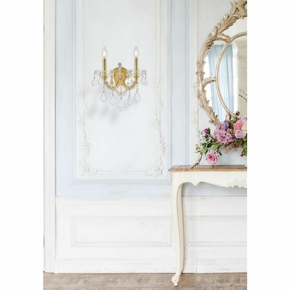 Maria Theresa Crystal 2 Light Gold Wall Sconce 16 in: Maria Theresa Crystal 2 Light Gold Wall Sconce 16 in This Maria Theresa wall sconce features a gold finish and clear royal cut crystal accents, offering a sophisticated touch for indoor spaces such as