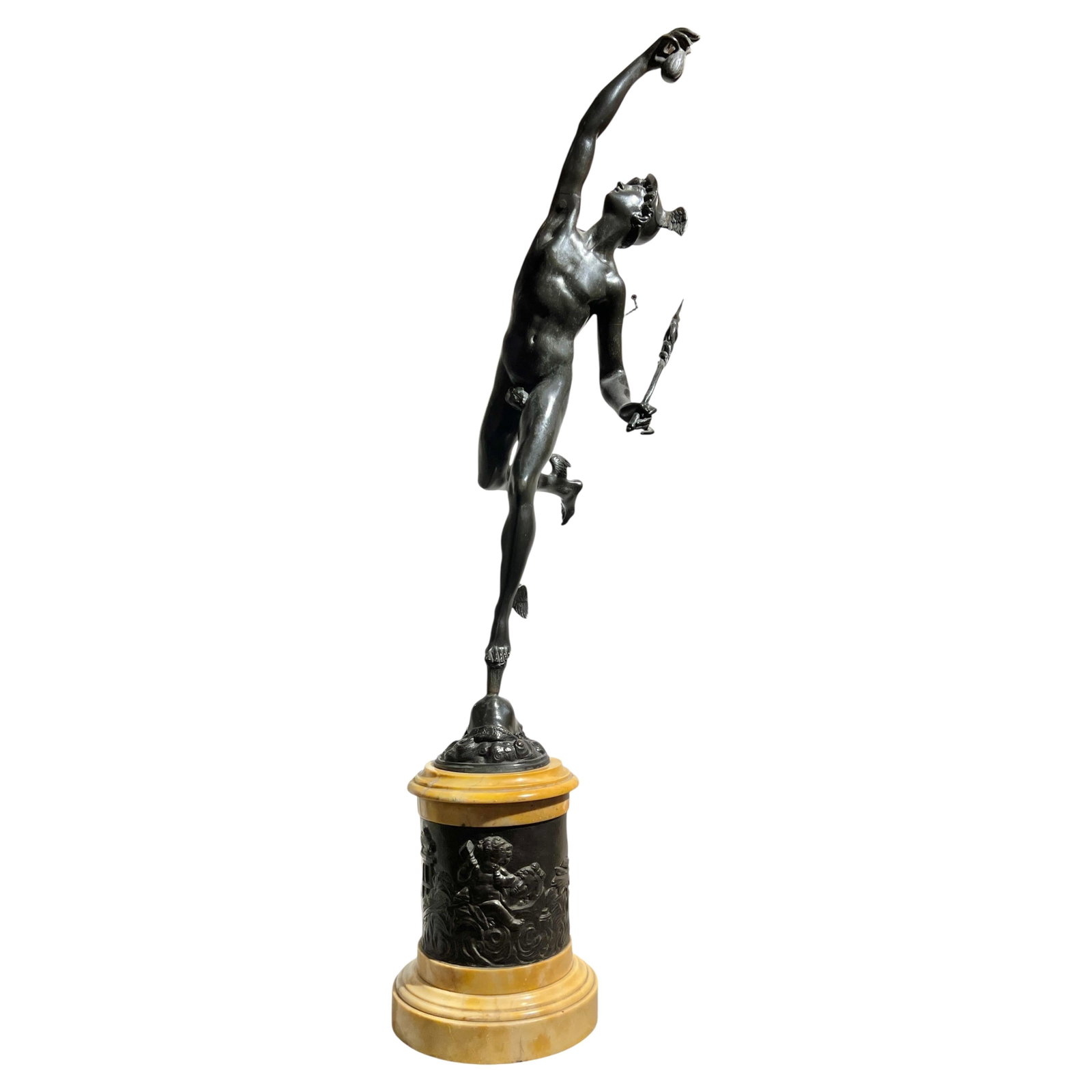 Late 19th Century Mercury Bronze Sculpture on Marble Base: Late 19th Century Mercury Bronze Sculpture on Marble Base This is an antique patinated bronze sculpture of Mercury, crafted in the late 19th century after the original model by Giambologna. The figure