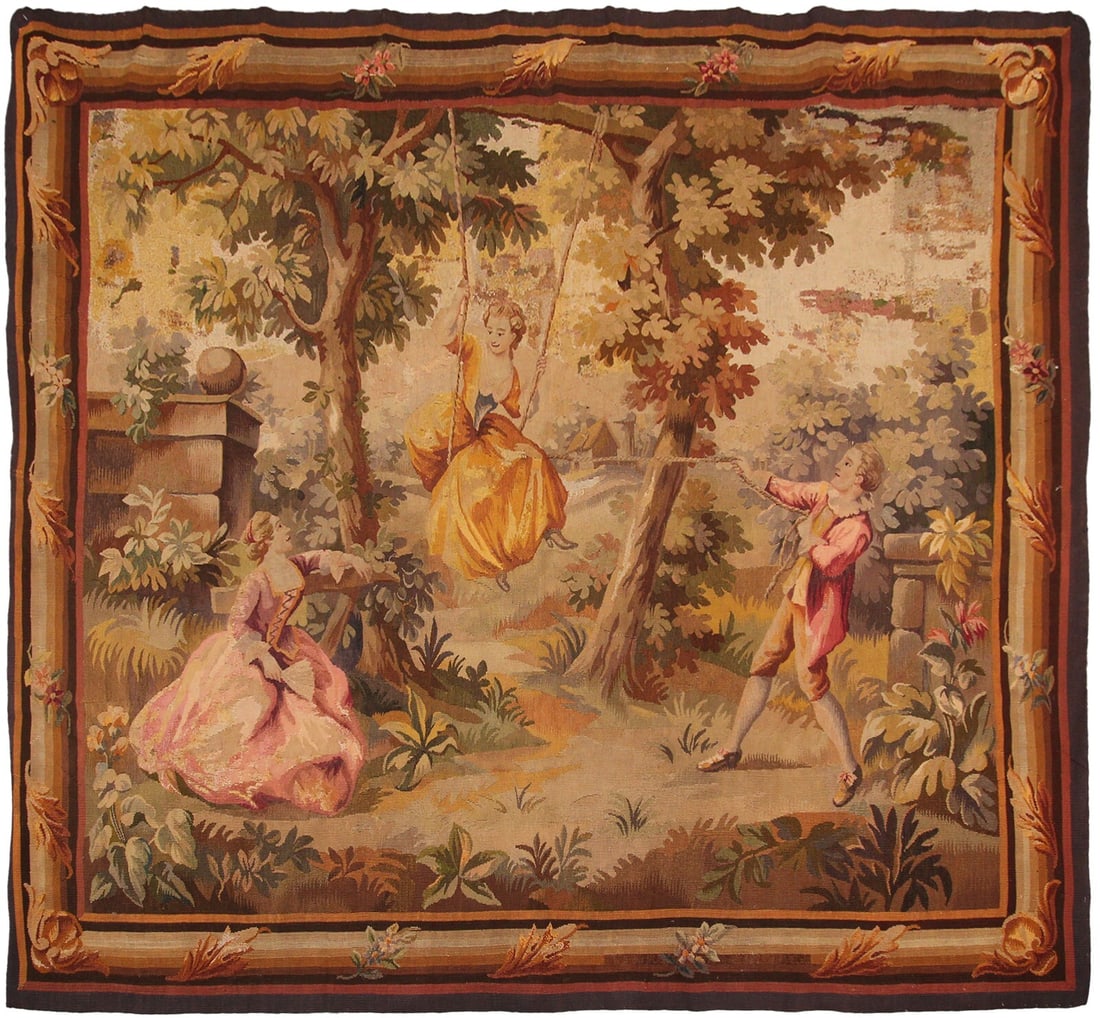 Antique French Wool Silk Tapestry 178cm x 203cm Floral Verdure Scene (1 of 12)