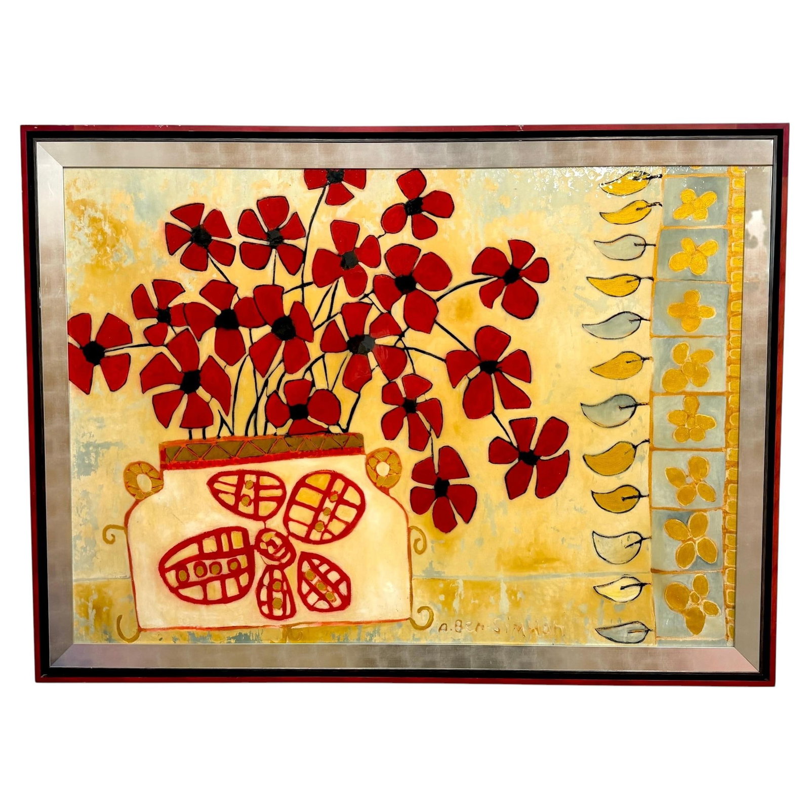Signed Avi Ben Simhon floral canvas painting with enamel finish: Signed Avi Ben Simhon floral canvas painting with enamel finish This monumental original painting by Israeli artist Avi Ben Simhon features a vibrant floral still life, executed in oil and enamel on c