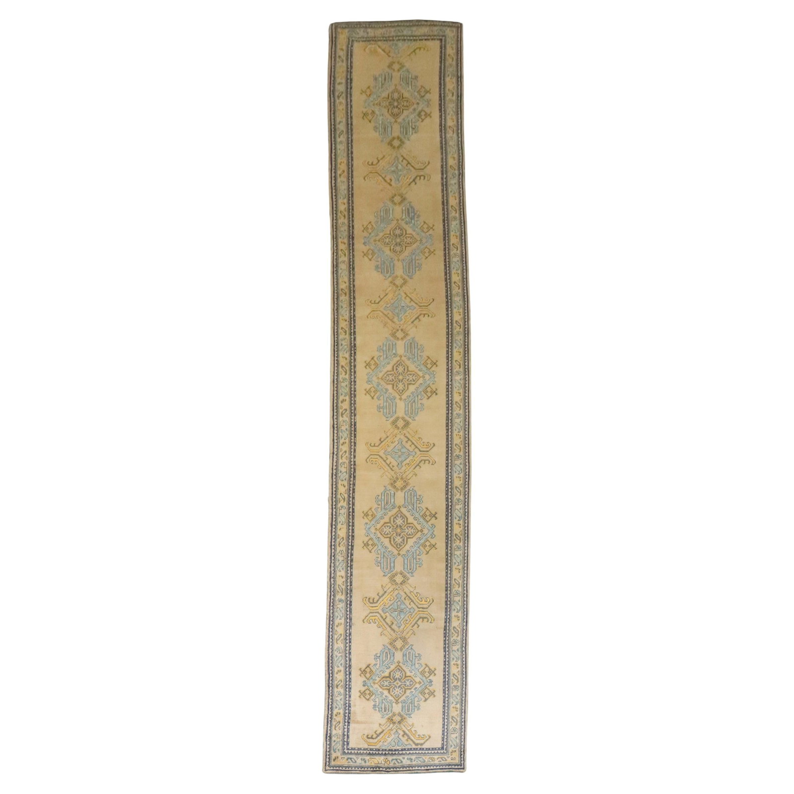 Antique Turkish Oushak Runner Wool Hand-Woven 38 x 209 in circa 1910: Antique Turkish Oushak Runner Wool Hand-Woven 38 x 209 in circa 1910 Discover the exquisite craftsmanship of this authentic antique Turkish Oushak runner, a stunning addition to any home decor. Hand-w