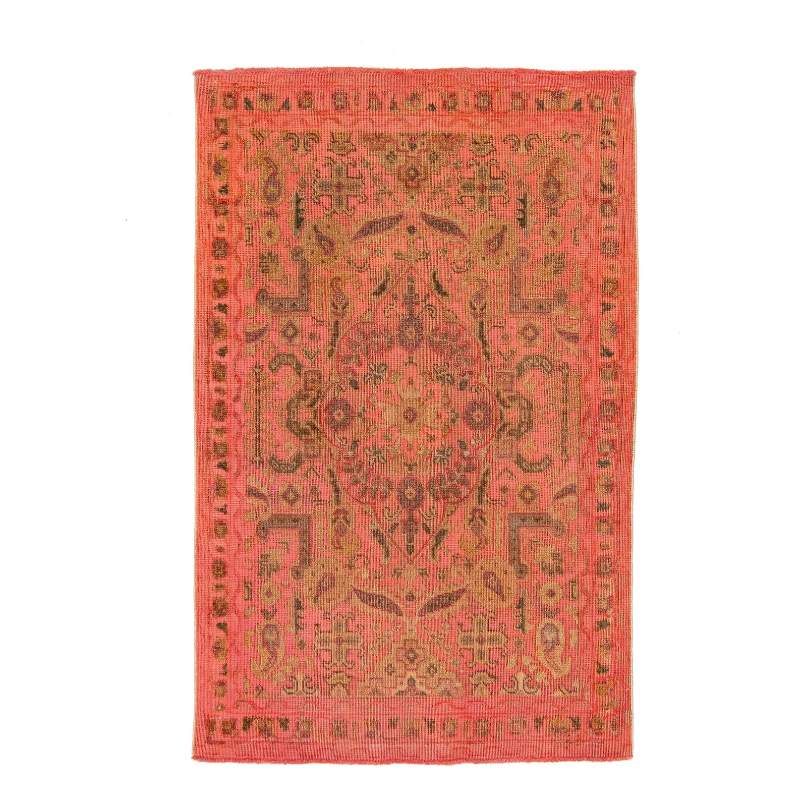 Handmade Vintage Overdyed Wool Rug 3'2" x 5' Salmon Color: Handmade Vintage Overdyed Wool Rug 3'2" x 5' Salmon Color This exquisite handmade rug is crafted from high-quality wool, showcasing a stunning pink salmon hue with intricate accents of brown, gray, an