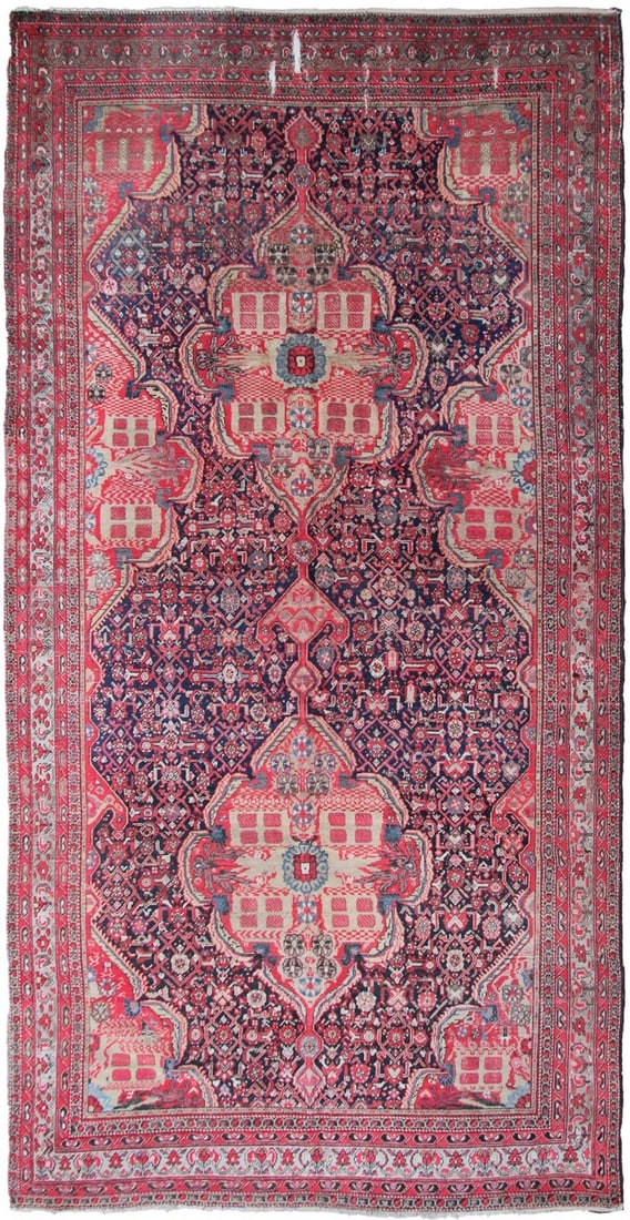 Antique Mahal Sultanabad Wool Hand Knotted Rug 9x17 Blue Geometric: Antique Mahal Sultanabad Wool Hand Knotted Rug 9x17 Blue Geometric This is an original hand-knotted antique Persian Mahal Sultanabad rug from circa 1880, featuring a traditional geometric design. The 