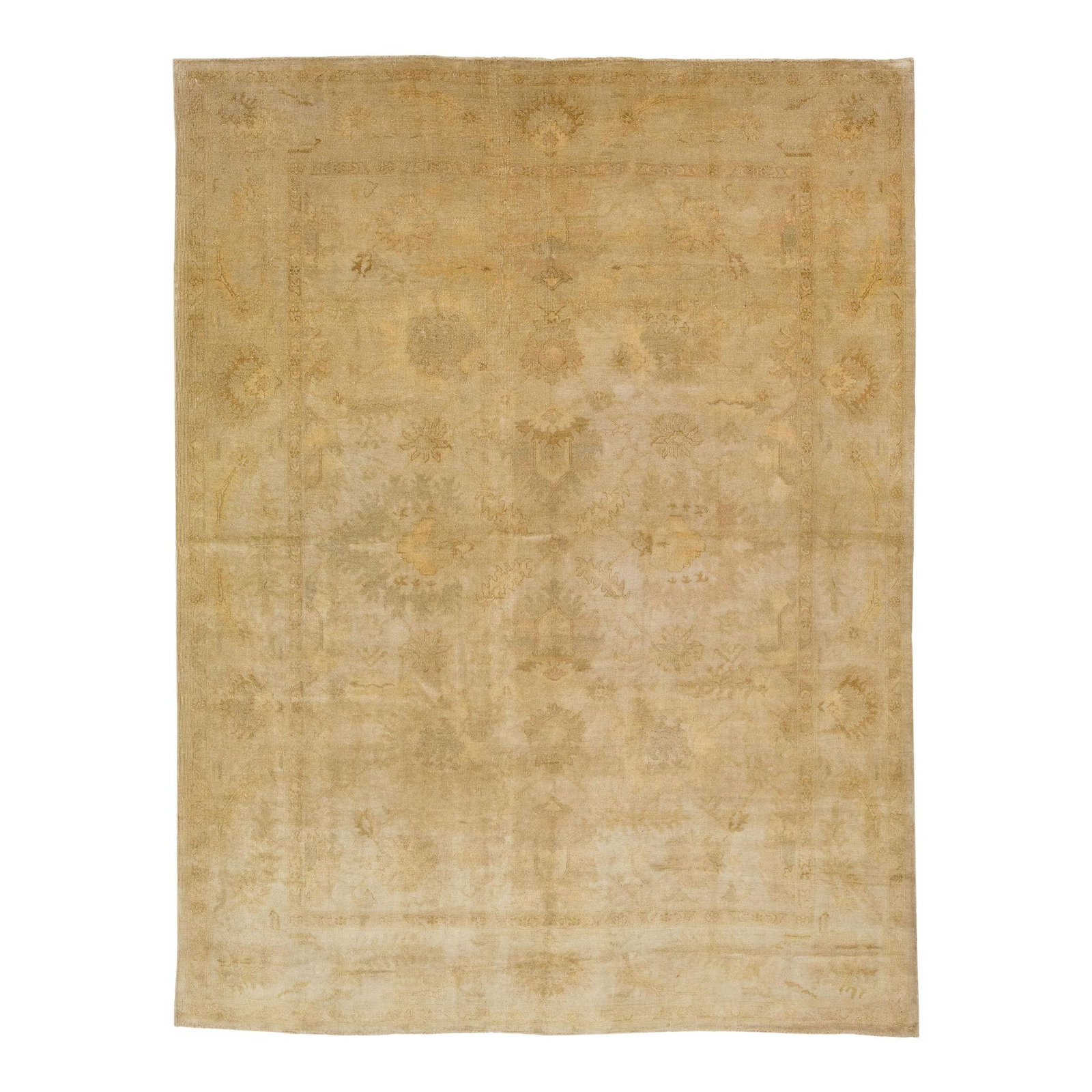Vintage Turkish Oushak Handmade Floral Wool Rug 8'10 x 11'9 Beige: Vintage Turkish Oushak Handmade Floral Wool Rug 8'10 x 11'9 Beige This exquisite vintage Turkish Oushak rug showcases a captivating hand-knotted design in an elegant beige field, adorned with classic 