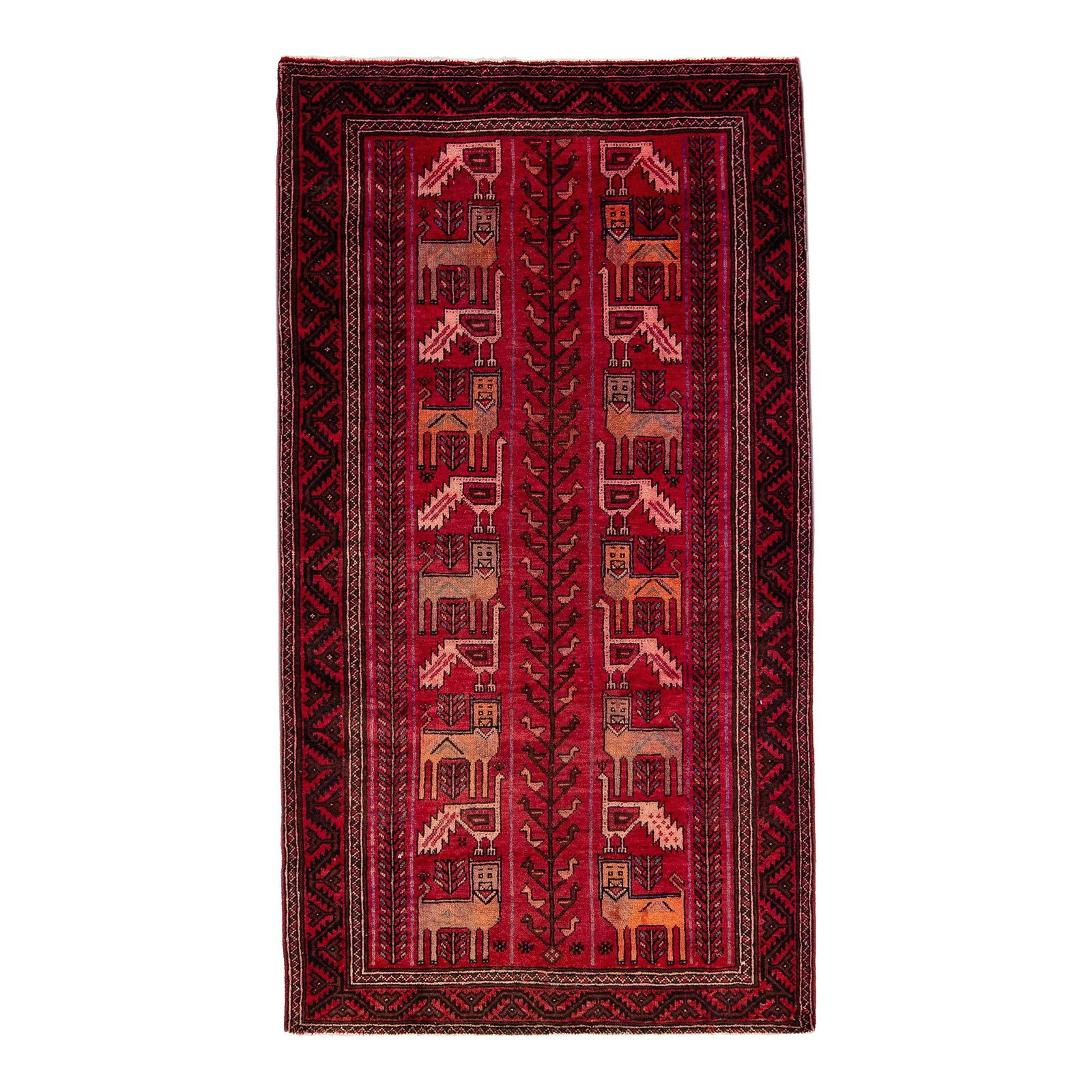 1960s Vintage Persian Shiraz Red Wool Pictorial Rug 4' x 7'4": 1960s Vintage Persian Shiraz Red Wool Pictorial Rug 4' x 7'4" This stunning vintage Persian Shiraz rug features a vibrant red field adorned with a multicolor geometric pictorial design. Hand-knotted