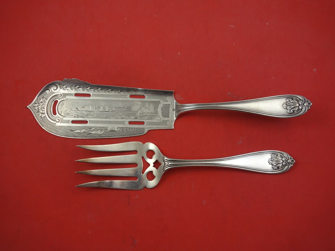 Albert Coles Leaf Pattern Coin Silver Fish Serving Set - 10