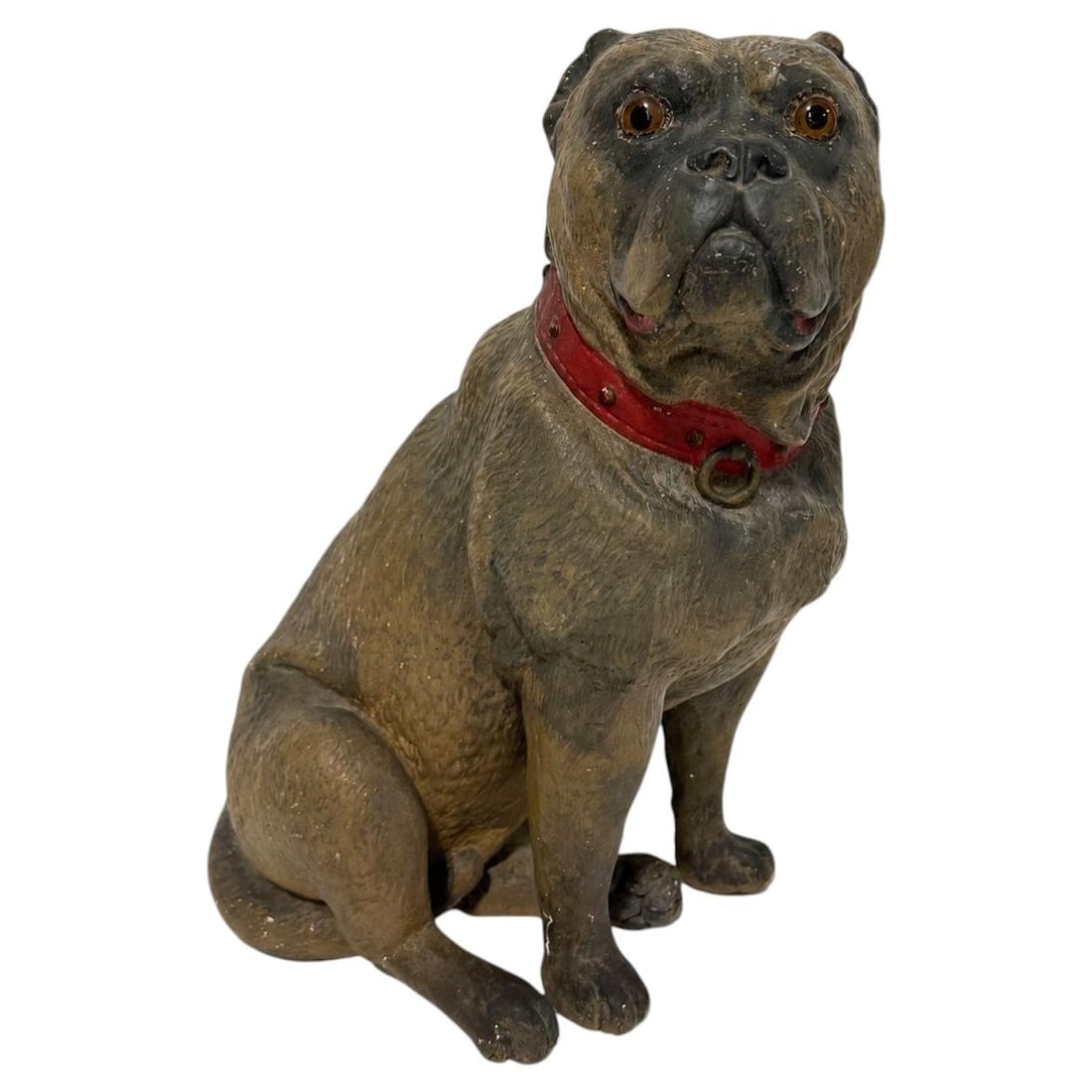 Victorian Terracotta Pug Figure with Glass Eyes England c. 1890: Victorian Terracotta Pug Figure with Glass Eyes England c. 1890 A finely modeled Victorian polychrome terracotta figure of a seated pug dog, naturalistically rendered with an expressive broad muzzle,