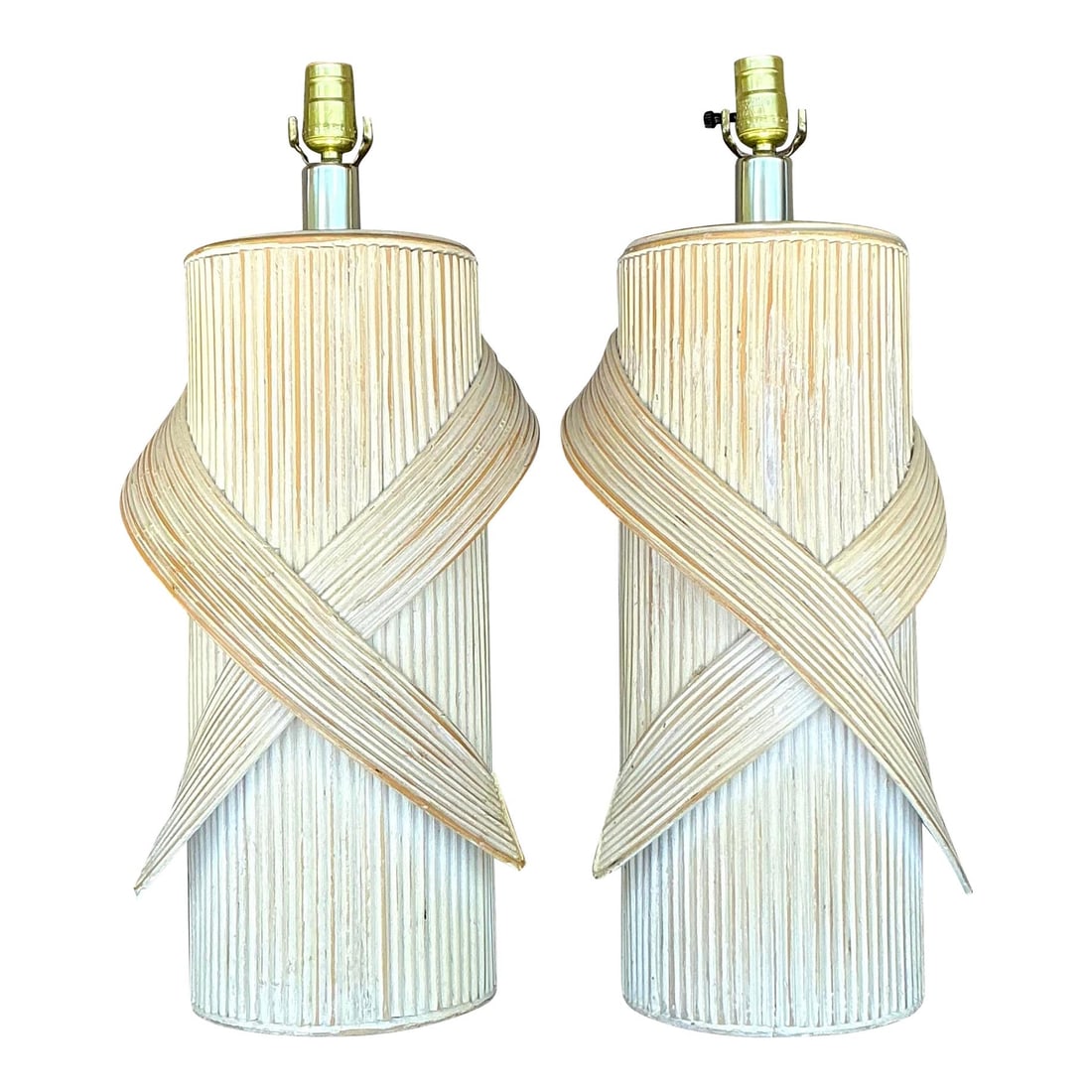 Vintage Coastal Pencil Reed Lamps Pair 30.75in Almond Finish: Vintage Coastal Pencil Reed Lamps Pair 30.75in Almond Finish Enhance your home decor with this exquisite pair of vintage coastal-inspired pencil reed lamps. Featuring a beautifully washed finish,