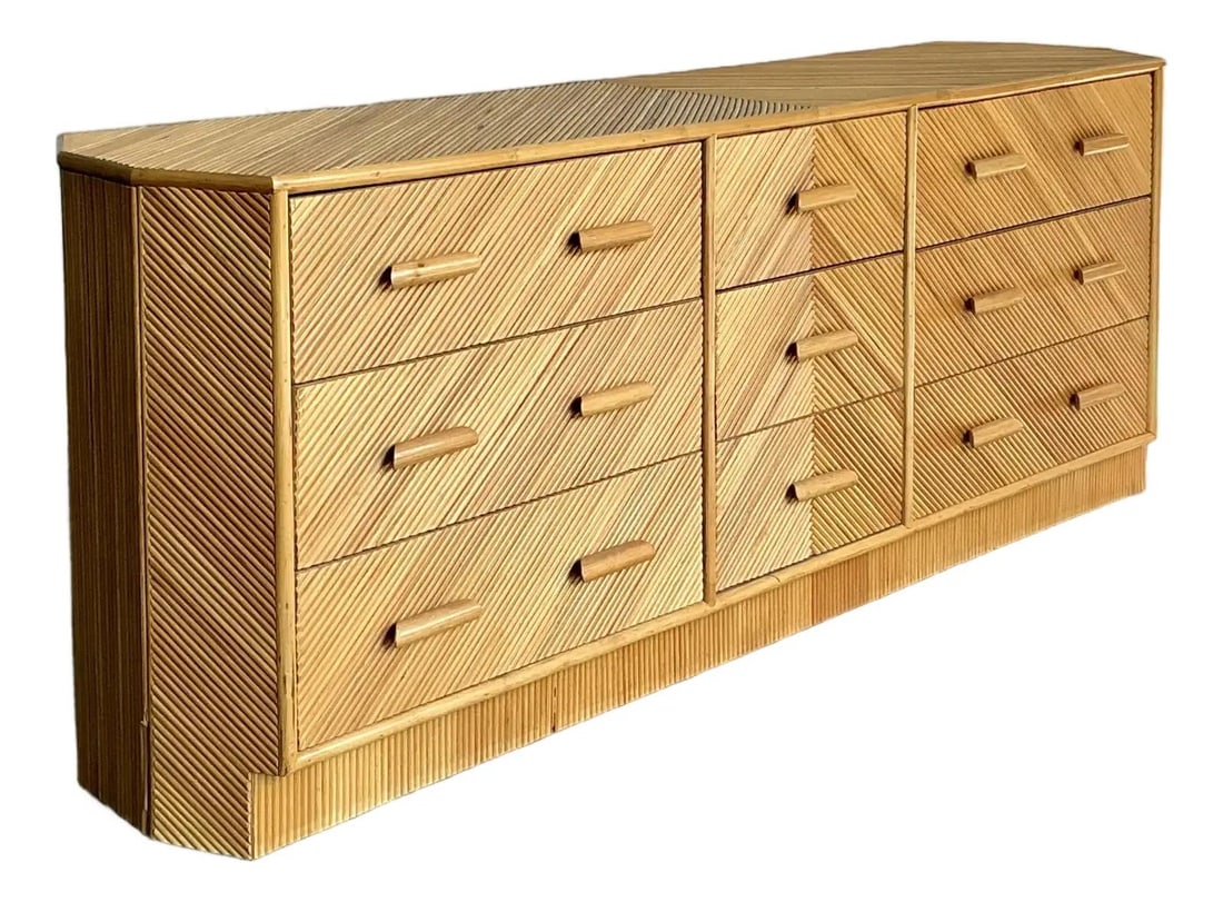 Chevron Patterned Pencil Reed Nine Drawer Vintage Dresser With Textured Facade: Chevron Patterned Pencil Reed Nine Drawer Vintage Dresser With Textured Facade This vintage dresser exemplifies Tropical Modernism with its impressive length and bold textural design. The facade, incl