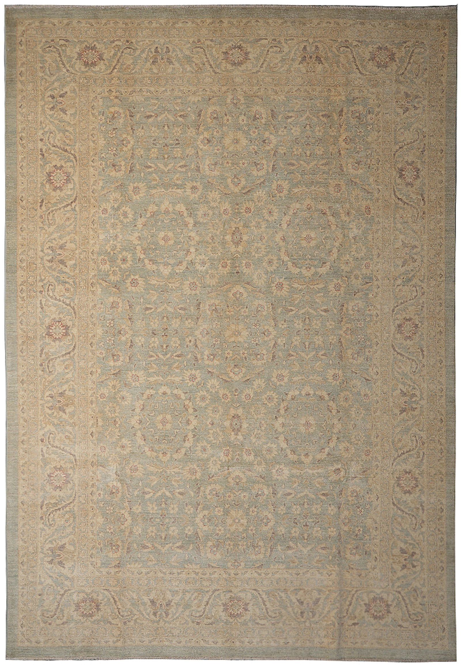 Handmade Peshawar Rug 105 x 140 in Neutral Pastel Wool Zigler Pattern: Handmade Peshawar Rug 105 x 140 in Neutral Pastel Wool Zigler Pattern Free continental US Shipping This handmade Peshawar area rug features a neutral pastel palette with dusty teal blue, faded beige, 