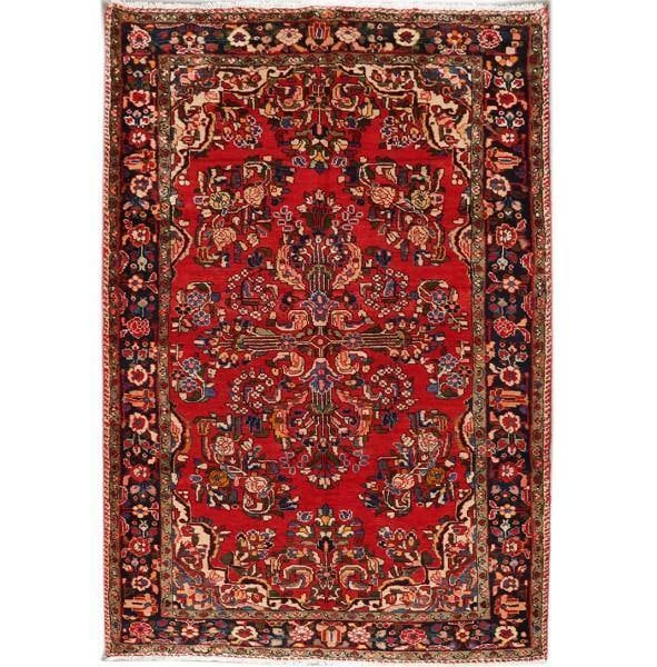 Handmade 4.9 x 7.4 Persian Hamadan Rug in Red and Blue: Handmade 4.9 x 7.4 Persian Hamadan Rug in Red and Blue Free continental US Shipping Elevate your space with this exquisite handcrafted Persian Hamadan rug, measuring 4' 9" x 7' 4". This stunning piece