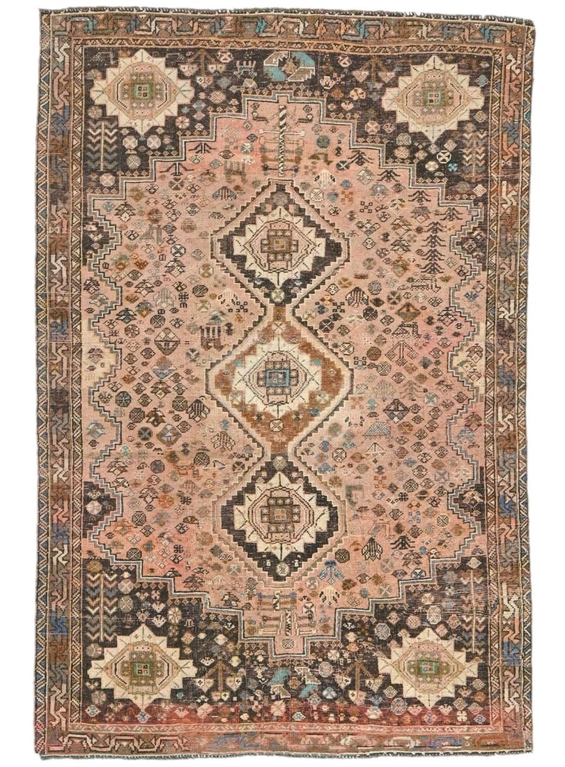 5'4 X 8'0 Hand Knotted Wool Area Rug Tribal Geometric Rusty Pink: 5'4 X 8'0 Hand Knotted Wool Area Rug Tribal Geometric Rusty Pink Vintage distressed tribal oriental area rug in muted rusty pink, brown, and cream tones. It is hand-knotted wool with a geometric patte