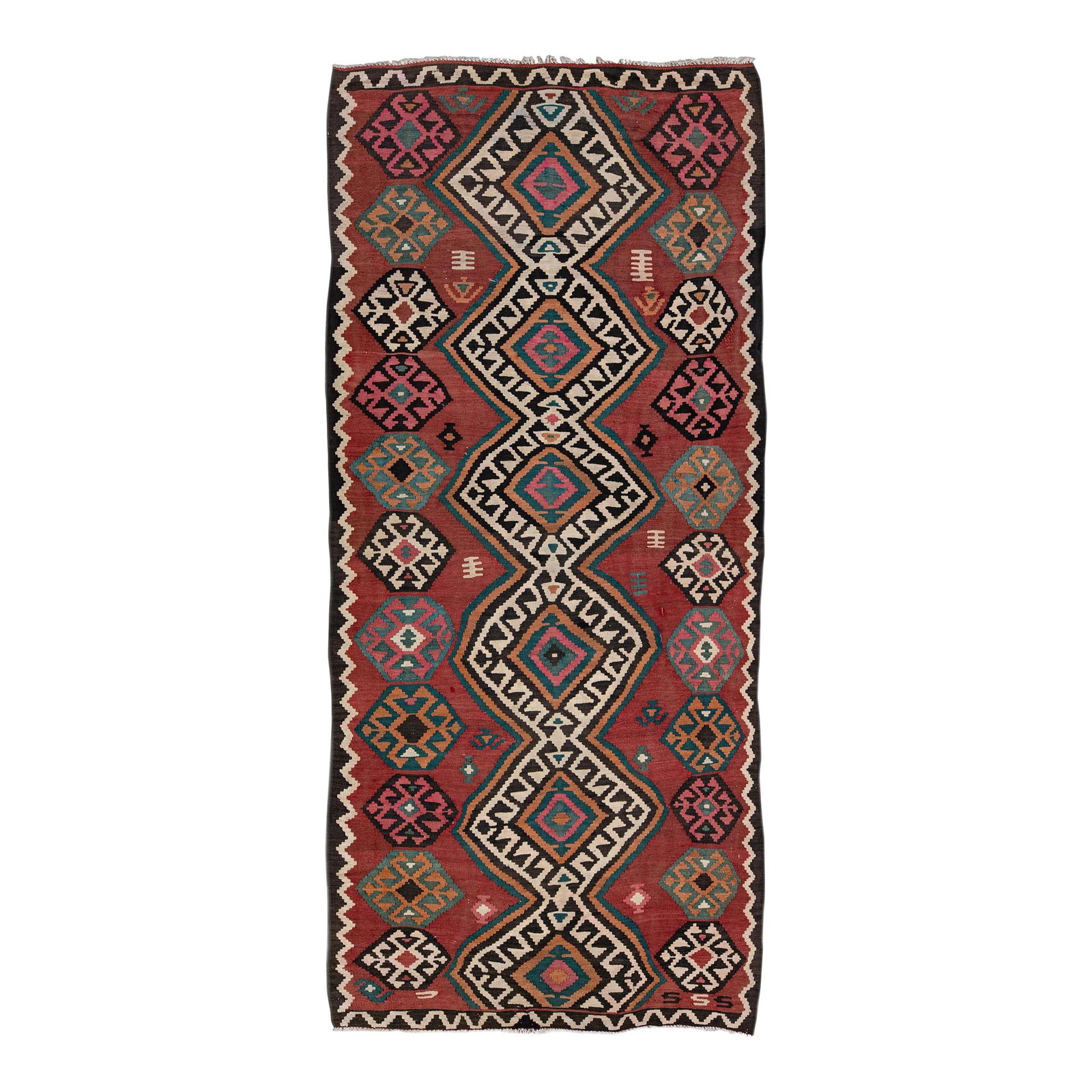 Vintage Red Kilim Wool Runner 4'7 x 10'10 Tribal Design: Vintage Red Kilim Wool Runner 4'7 x 10'10 Tribal Design This stunning vintage kilim handmade wool runner features a rich burgundy red field enhanced by green, brown, and beige accents. The all-over tr