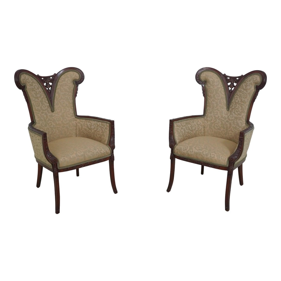 Vintage French Louis XVI Style Fireside Chairs Sage Green Damask C.1950s: Vintage French Louis XVI Style Fireside Chairs Sage Green Damask C.1950s This exquisite pair of vintage French Louis XVI style fireside chairs dates back to the 1950s. Featuring elegant carved details