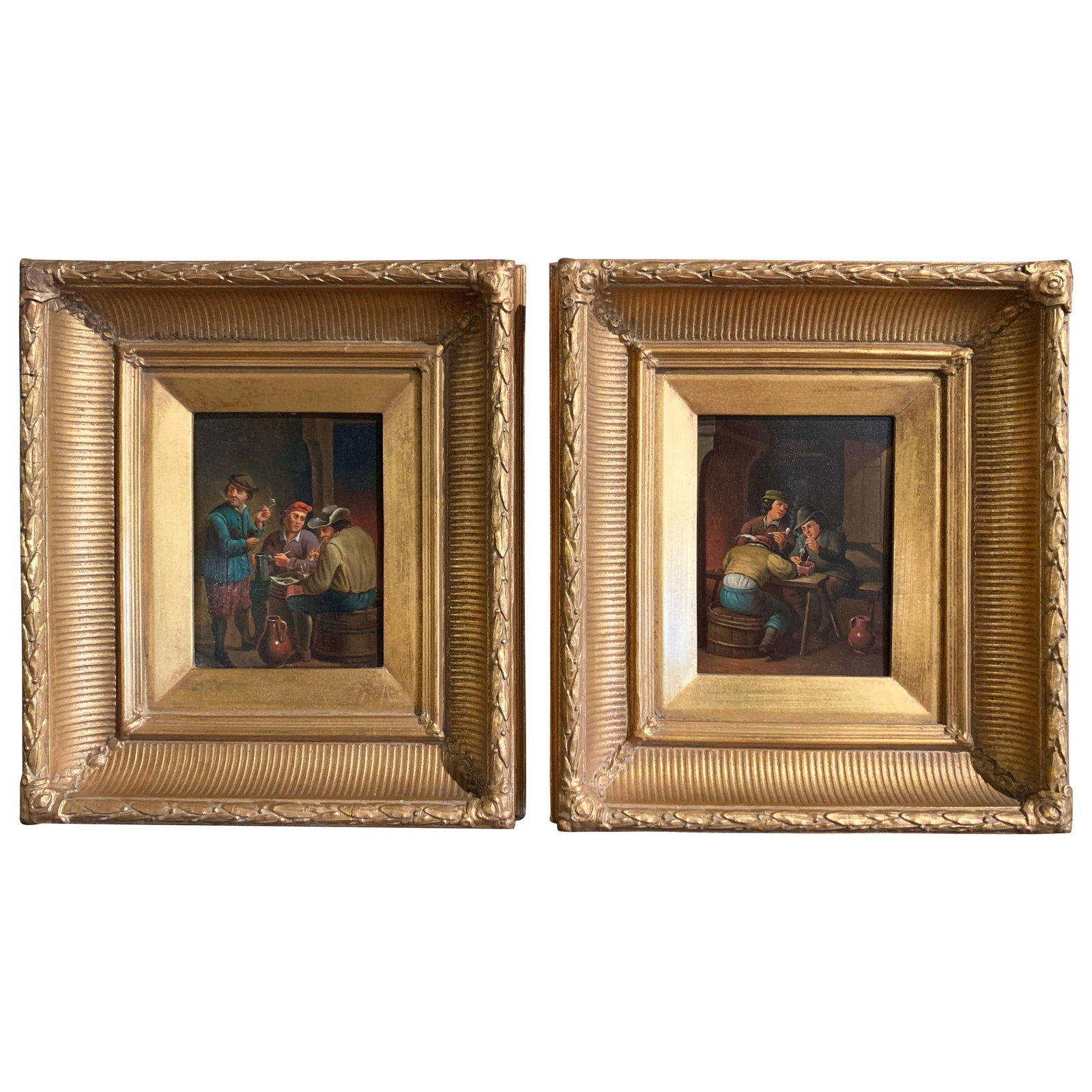 Set of 2 Flemish copper tavern paintings in giltwood frames (1 of 11)