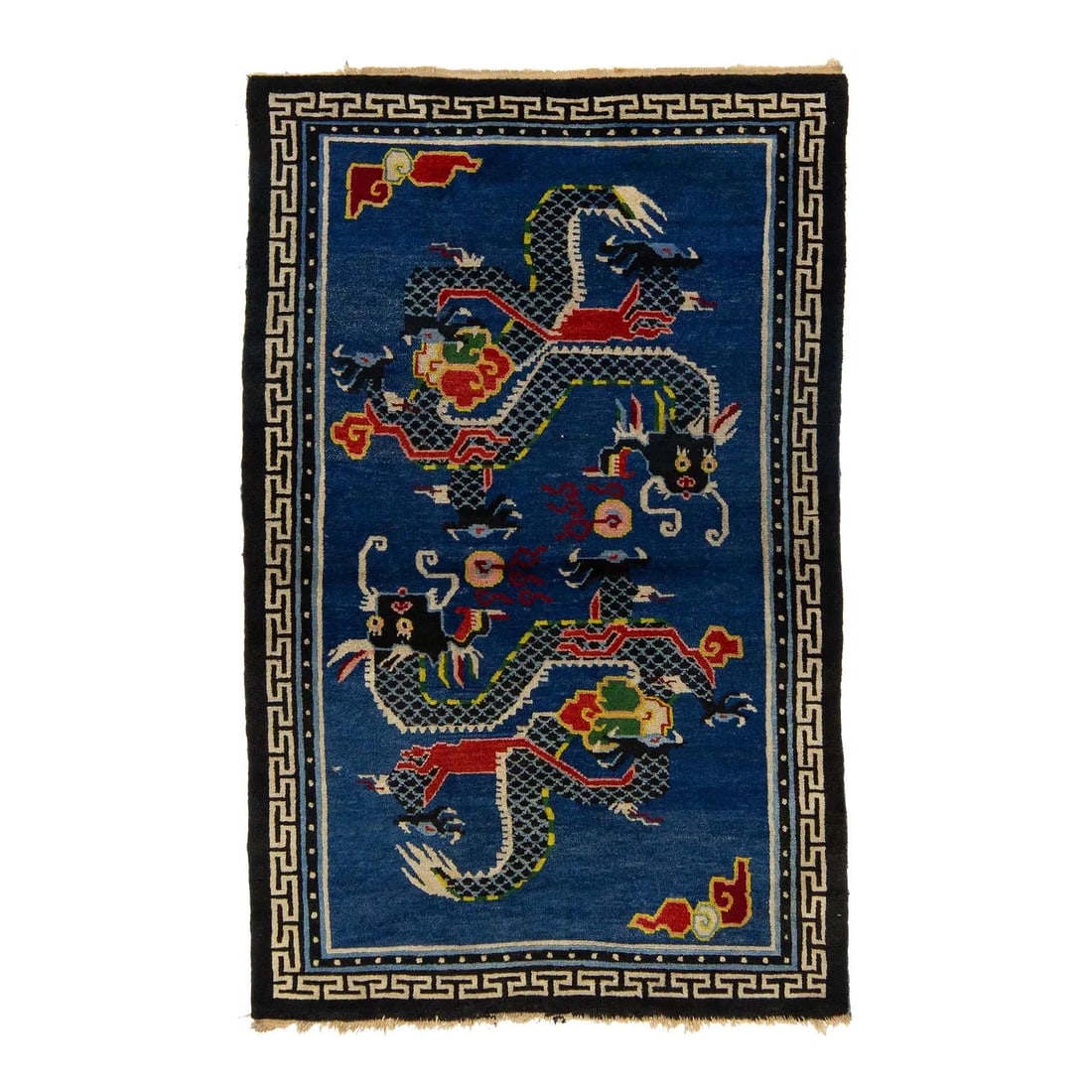 Antique Chinese Wool Rug Blue Dragon Design 4 x 6 Handmade: Antique Chinese Wool Rug Blue Dragon Design 4 x 6 Handmade This exquisite antique Art Deco Chinese hand-knotted wool rug showcases twin imperial dragons in a vibrant pursuit of flaming pearls, symboli