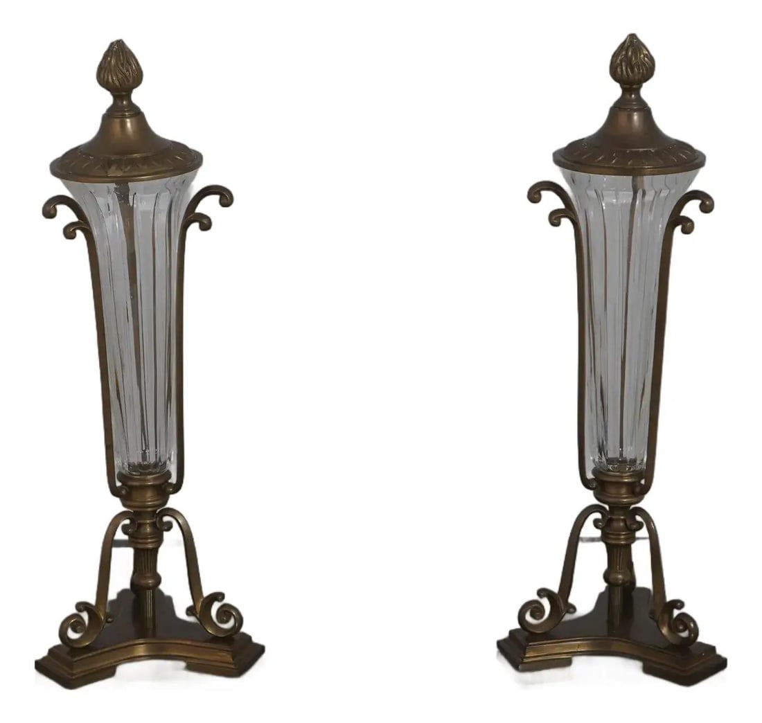 Brass and Glass Epergne Pair Lidded Vase Candle Holders: Brass and Glass Epergne Pair Lidded Vase Candle Holders This pair of lidded vase candle holders from the 1980s features high-quality brass construction with ribbed glass trumpet bowls. Each piece is t