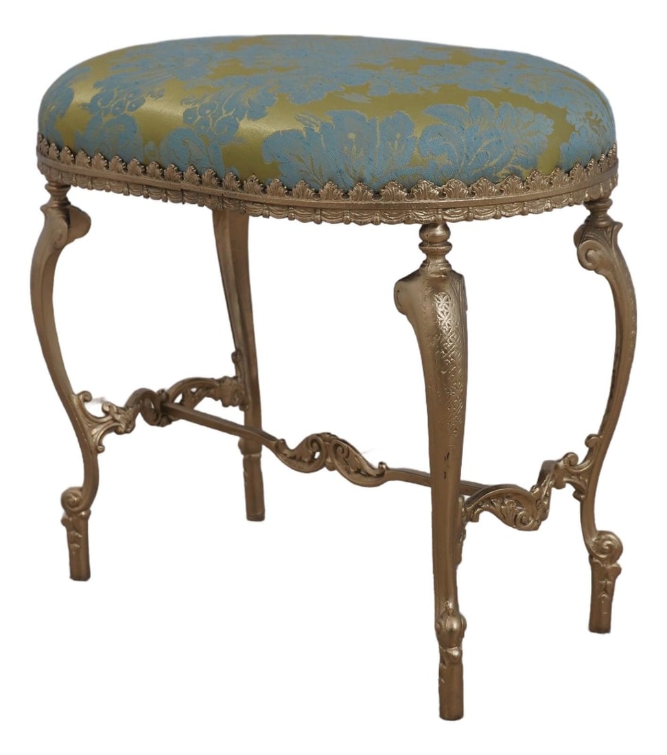 French style damask upholstered ottoman with gold painted metal frame (1 of 10)