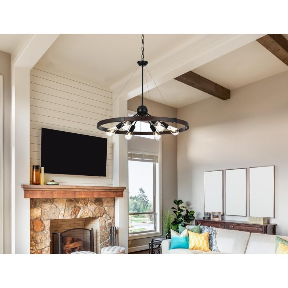 Thora 6 Light Iron Chandelier 32in Adjustable Black: Thora 6 Light Iron Chandelier 32in Adjustable Black Rustic farmhouse chandelier light fixture with a 32-inch weathered black finish and a six-light design. It is hardwired, indoor-rated, and features 