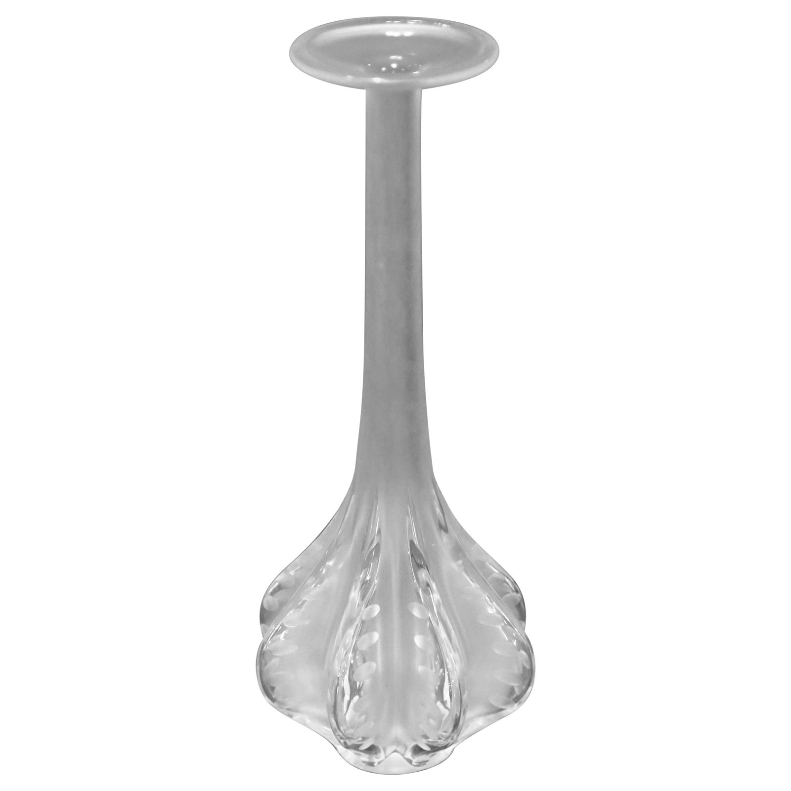 Marie-Claude Lalique French Frosted Crystal Soliflore Vase 13.5 Inch: Marie-Claude Lalique French Frosted Crystal Soliflore Vase 13.5 Inch This vintage French soliflore vase is an original design by Marie-Claude Lalique, crafted circa 1980. Made in France, the vase is e
