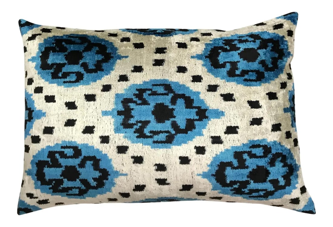 Handcrafted Uzbek Silk Ikat Velvet Pillow with Down Insert 16x24: Handcrafted Uzbek Silk Ikat Velvet Pillow with Down Insert 16x24 This hand made Silk Uzbek Ikat velvet pillow cushion features a natural linen backing and a hidden zipper. It comes with a 10/90 down f
