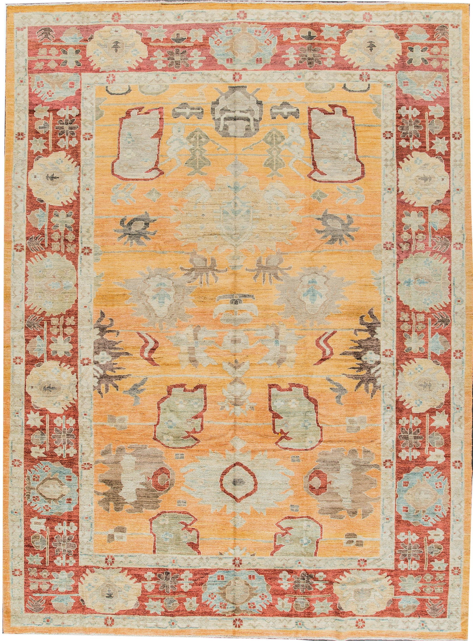 Artisan Hand-Knotted Sultanabad Wool Rug 10'1 x 13'9 Yellow Floral Design: Artisan Hand-Knotted Sultanabad Wool Rug 10'1 x 13'9 Yellow Floral Design This exquisite hand-knotted Sultanabad rug showcases a beautiful floral design interwoven with geometric patterns on a