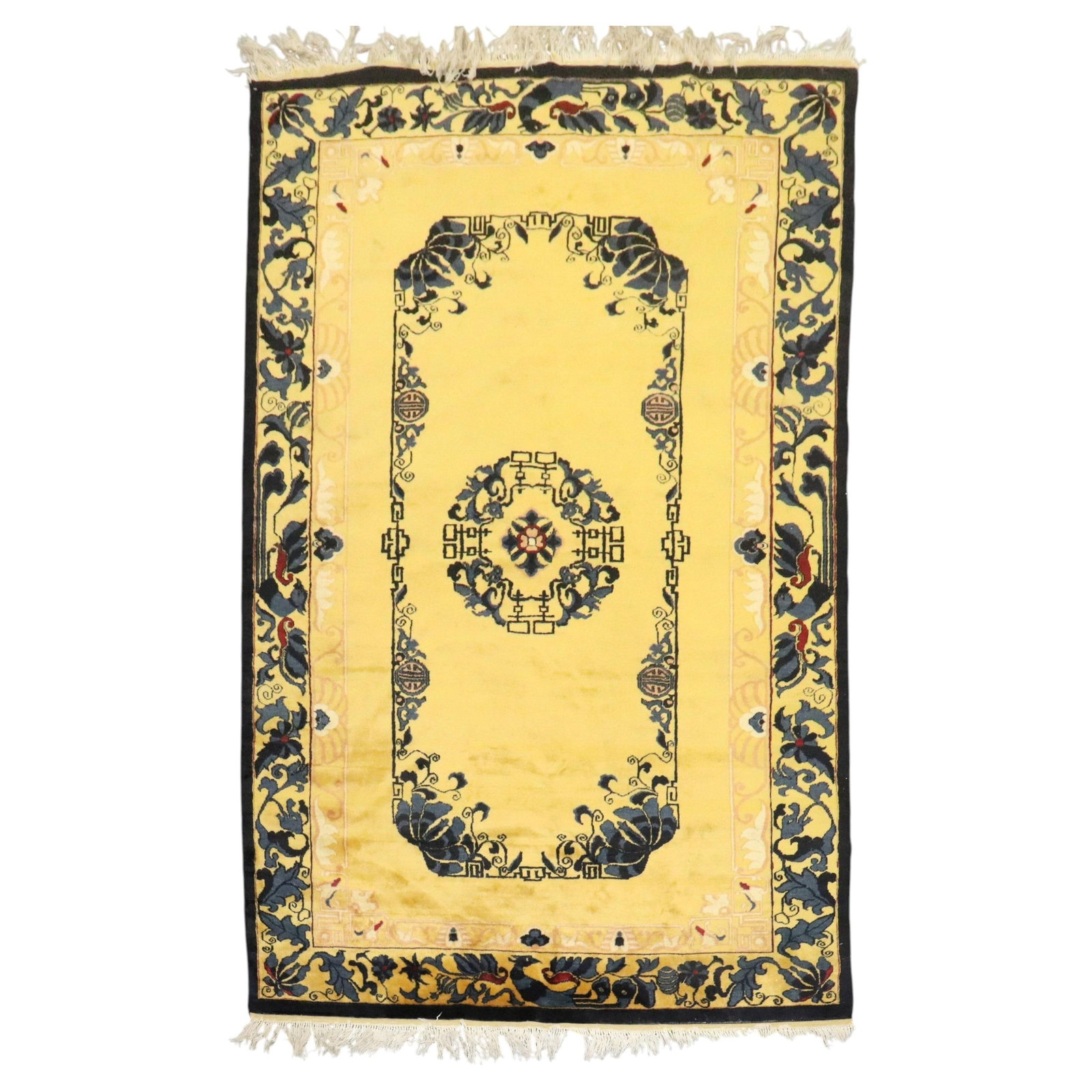 4' 11" x 7' 3" Hand Woven Wool Chinese Peking Rug Yellow: 4' 11" x 7' 3" Hand Woven Wool Chinese Peking Rug Yellow A finely woven mid 20th century Chinese Peking rug in bright yellow with an archaistic, continental-style pattern inspired by early 20th centur