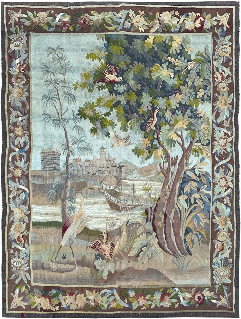 Antique French Wool Silk Verdure Tapestry 5x7 Signed 1880 (1 of 12)