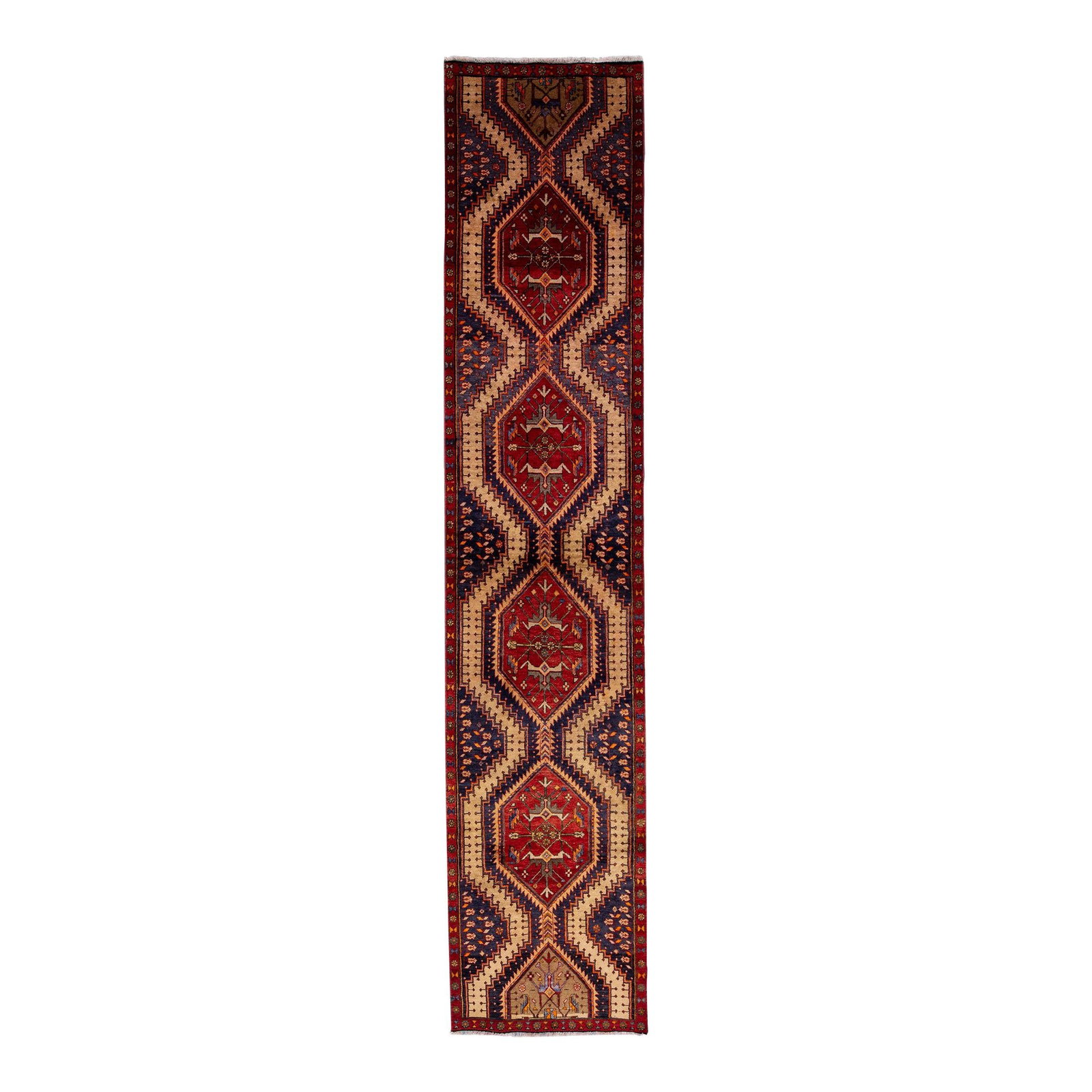 Vintage Persian Heriz Wool Runner Red Medallion 2'9 x 13'2: Vintage Persian Heriz Wool Runner Red Medallion 2'9 x 13'2 Discover this exquisite vintage Persian Heriz hand-knotted wool runner, featuring a striking navy blue field surrounded by a vibrant red fram