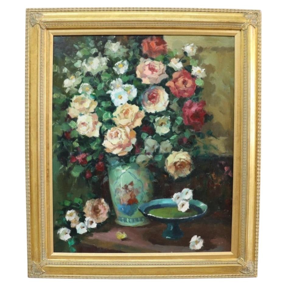 Mid Century Oil Canvas Roses Still Life Gilded Frame: Mid Century Oil Canvas Roses Still Life Gilded Frame This vintage oil on canvas painting from circa 1960 features a vibrant still life of garden roses and assorted blossoms, artfully arranged in a dec