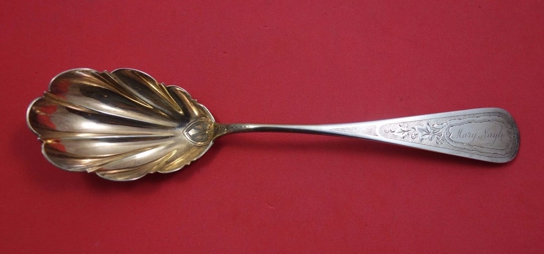 George Sharp Sterling Silver Berry Spoon Shell Design Monogrammed Mary Nagle 8 3/4": George Sharp Sterling Silver Berry Spoon Shell Design Monogrammed Mary Nagle 8 3/4" This exquisite sterling silver berry spoon by George Sharp features a beautiful shell design and bright-cut detailin