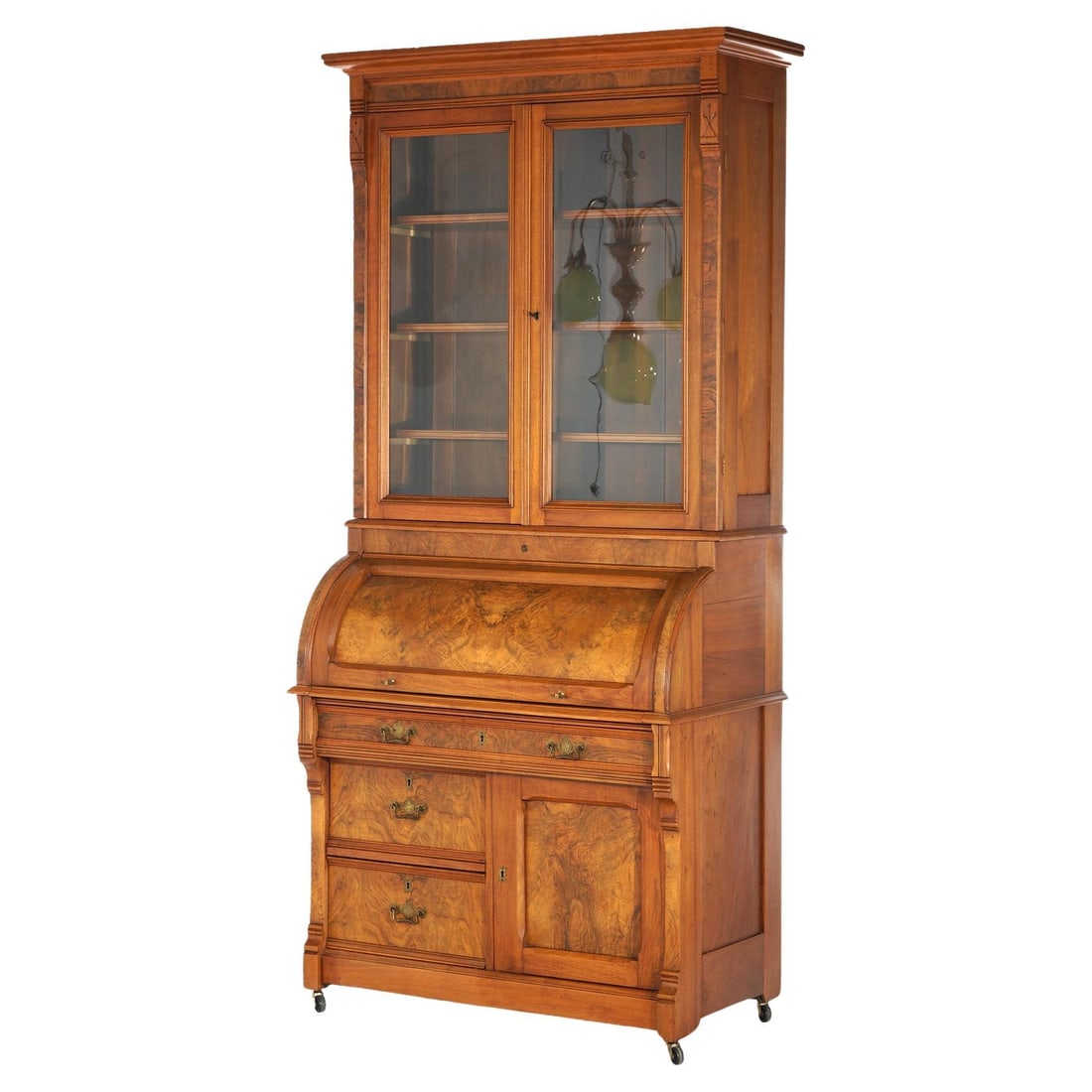 Victorian walnut roll top secretary with glass bookcase c1890 (1 of 15)