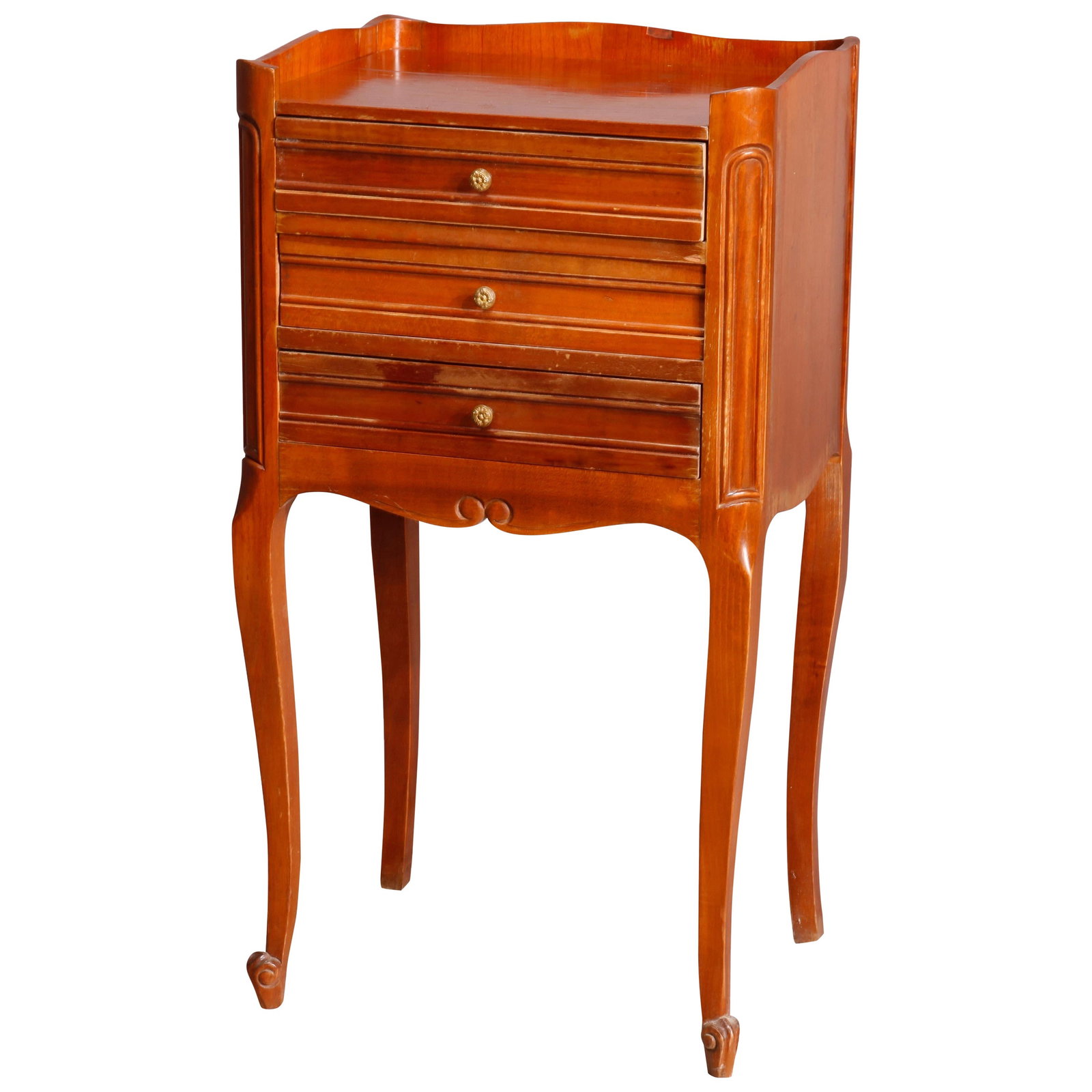 French Walnut Louis XVI Inspired Side Table with Three Drawers 20th Century: French Walnut Louis XVI Inspired Side Table with Three Drawers 20th Century This vintage French side stand is crafted in the Louis XVI style from walnut and metal, dating from the 20th century. It fea
