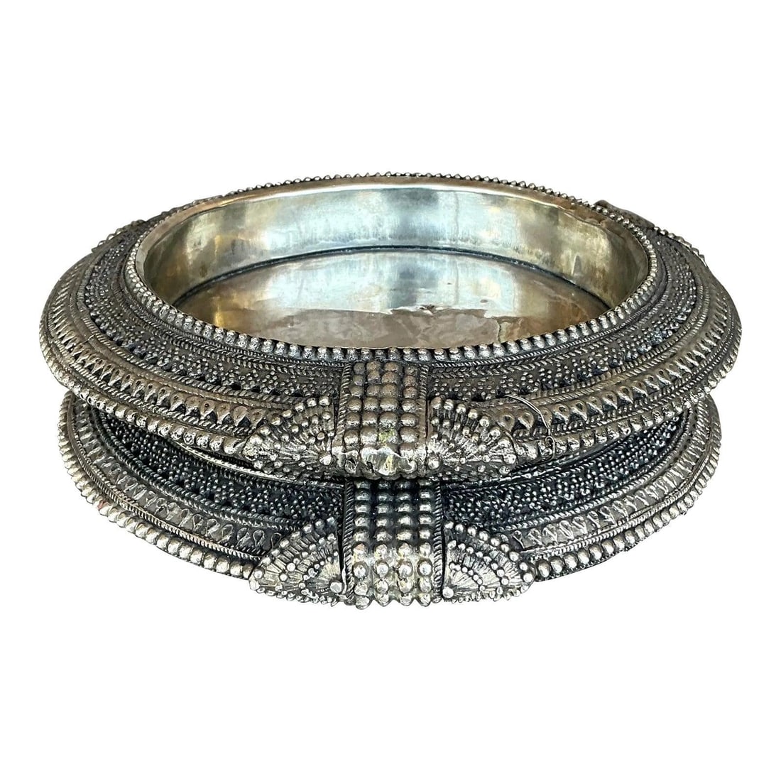 Set of 2 Tibetan Silver Metal Catch All Trays: Set of 2 Tibetan Silver Metal Catch All Trays Elevate your organization with this set of two Vintage Tibetan Metal Catch All Trays. Expertly crafted, these trays showcase a beautiful blend of Tibetan 